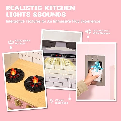 Miniatura 5 de Play Kitchen - Juego de cocina de juguete de madera para niños con luces y sonidos reales, juego de cocina de chef para niños con fregadero, estufa,
