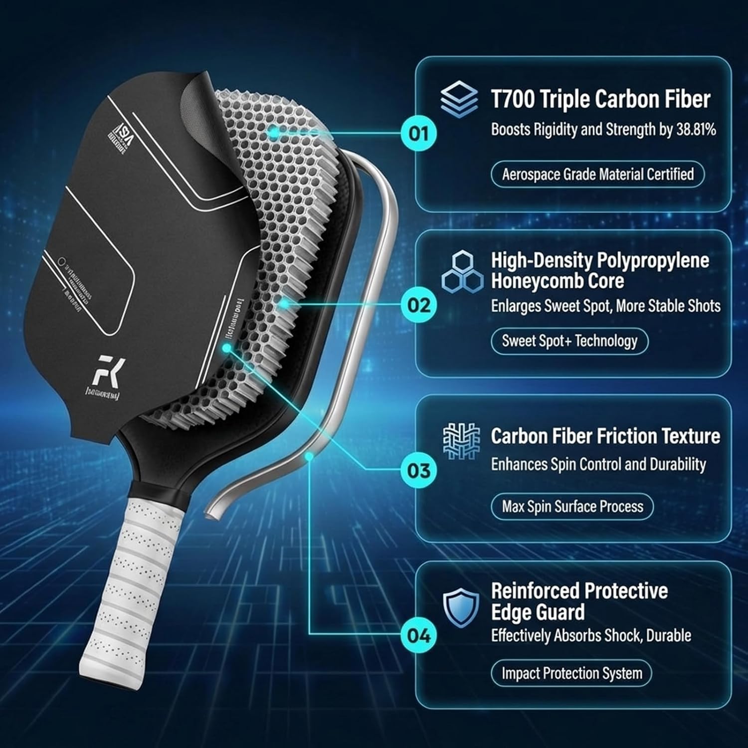 Pickleball Paddles Set of 2 T700 & 16mm Carbon Fiber Pickleball Paddles with CMS Matte Surface Lightweight Honeycomb Core & Durable Edge Guard Protector & Comfortable Grip