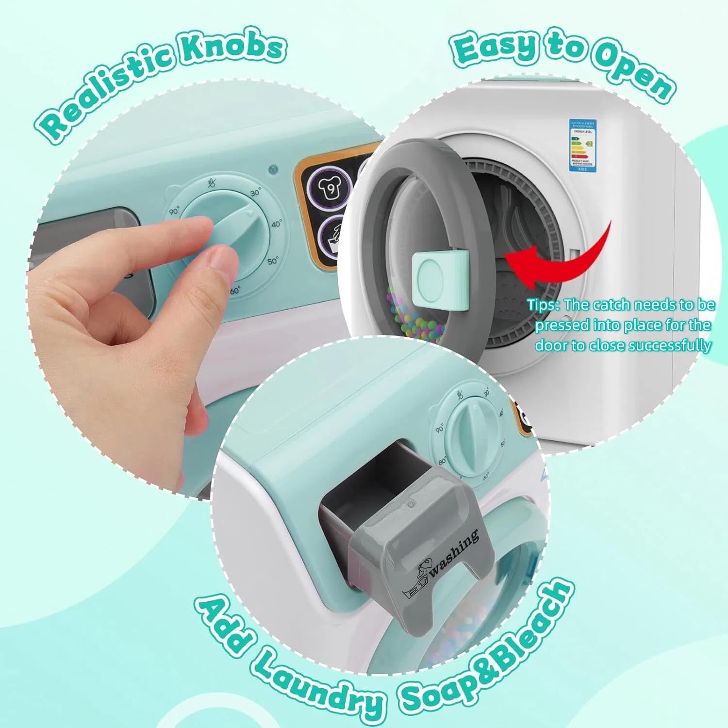 deAO Toy Washing Machine Kids Dollhouse Furniture Toy Washer Pretend Play Household Appliance Realistic Sounds Laundry Play Set with Rotatable Roller for Boys Girls (Blue)