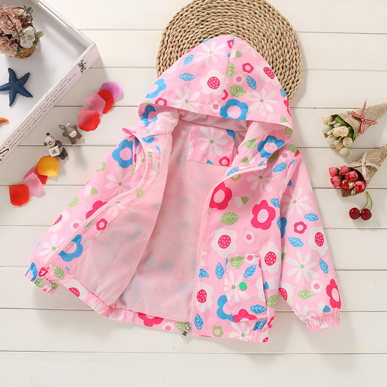 DDSOL Lightweight Hooded Windbreaker for Toddler Girls - Cartoon Print Unicorn and Owl Zip Jacket for Spring/Fall (Ages 2-8) - Image 2