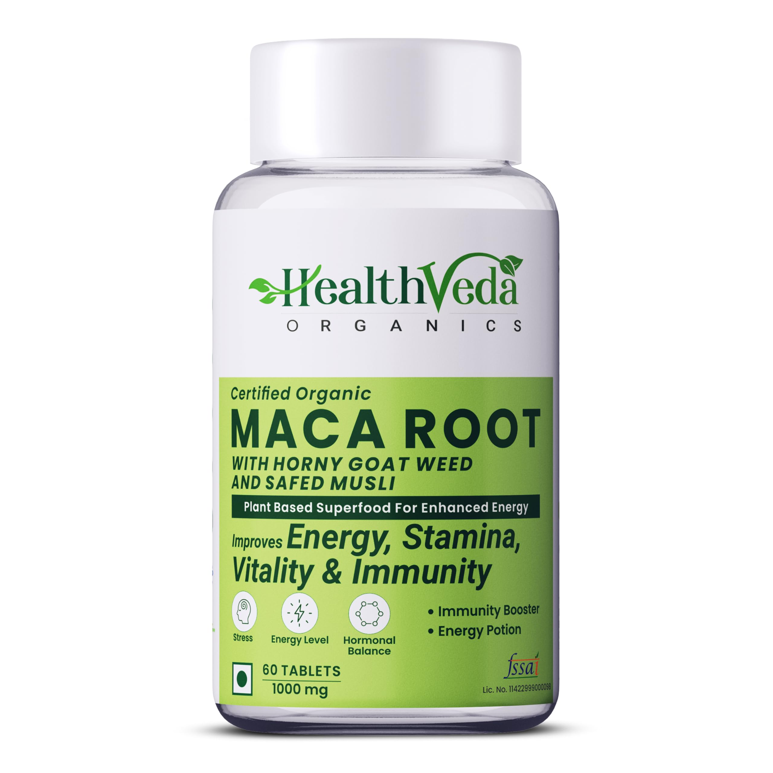 Health Veda Organics Maca Root with Horny Goat Weed & Safed Musli (1000 mg) | 60 Veg Tablets | Energy, Stamina & Vitality Support