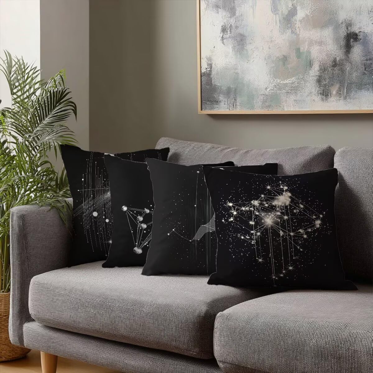 Zestaw 4 poszewek na poduszki 65 x 65 cm, czarno-białe, dekoracyjne, kwadratowe, z niewidocznym zamkiem błyskawicznym, do nowoczesnego wystroju, salonu, sypialni, G-81