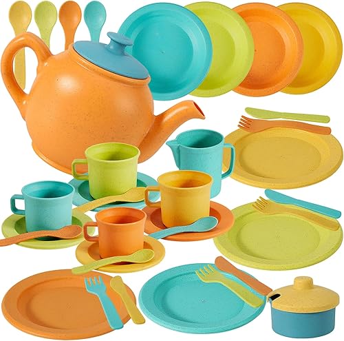 BUYGER Juego de utensilios de cocina 2 en 1, accesorios de juguete, juego de fiesta de té para niñas y niños pequeños, utensilios de cocina para