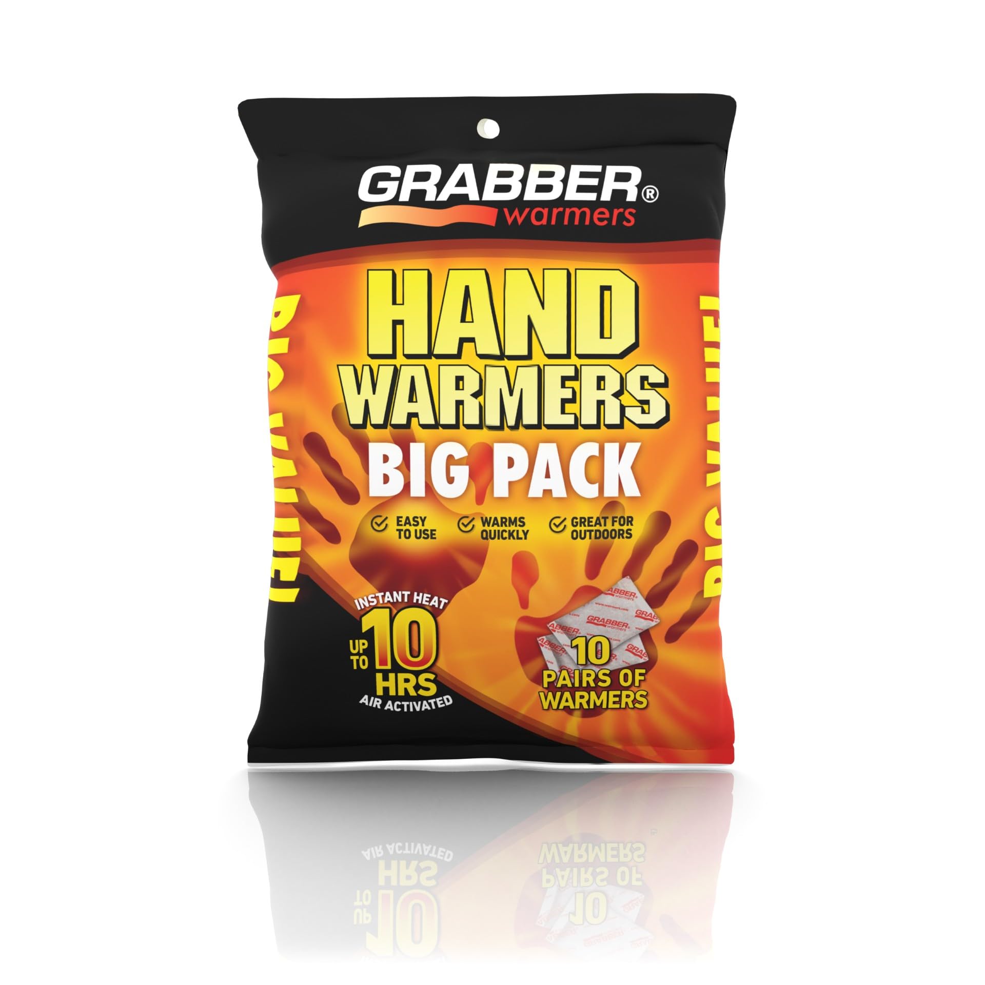 Grabber Hand Warmers - Long Lasting Safe Natural Odorless Air Activated Warmers - Up to 7 Hours of Heat - 10 Pairs