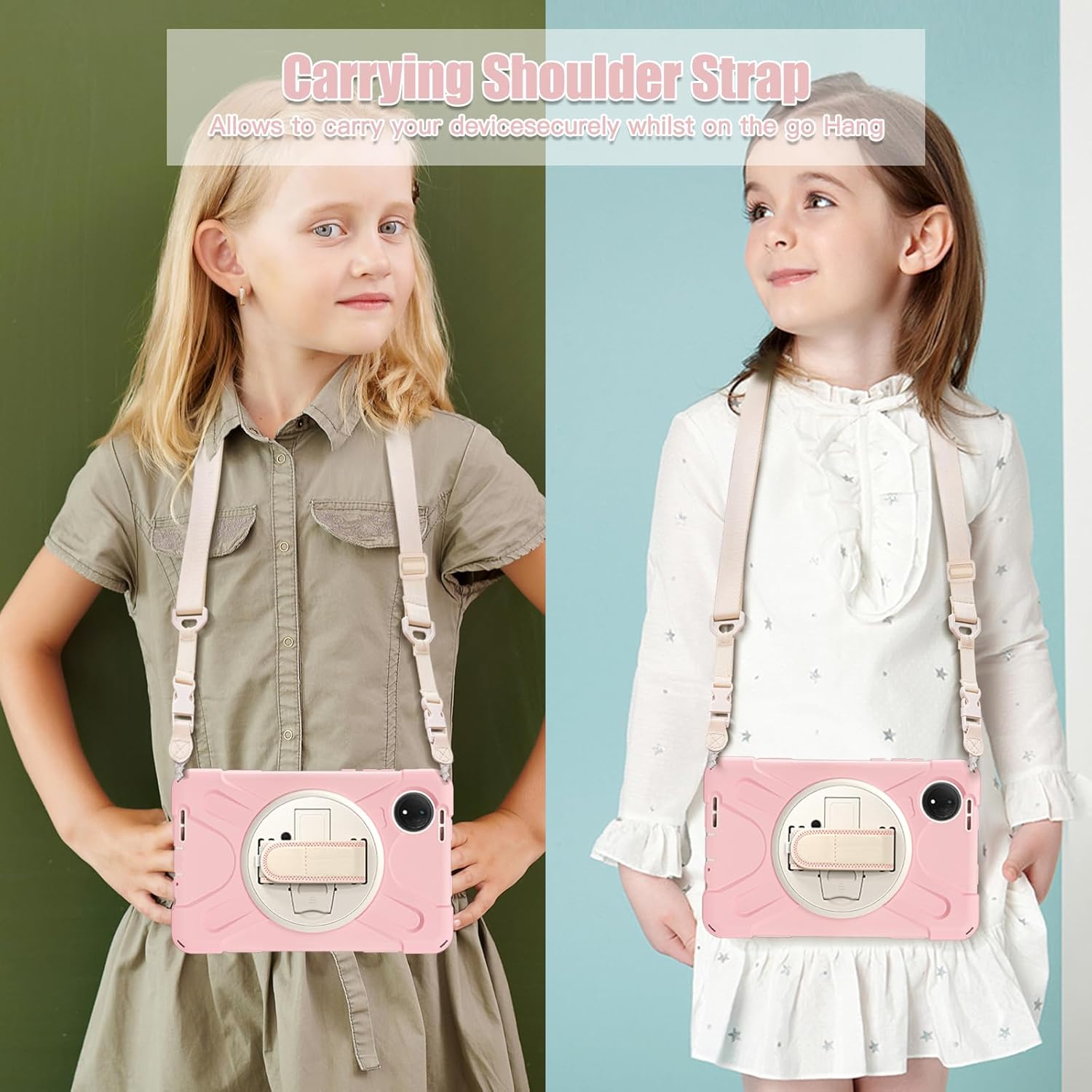 for Redmi Pad SE 8.7 Case, Heavy-Duty Shockproof Cover with 360° Rotating Kickstand, Adjustable Hand Strap, Full-Body Protection, Dust Plug, Raised Edge Screen & Camera Guard, Sakura Pink