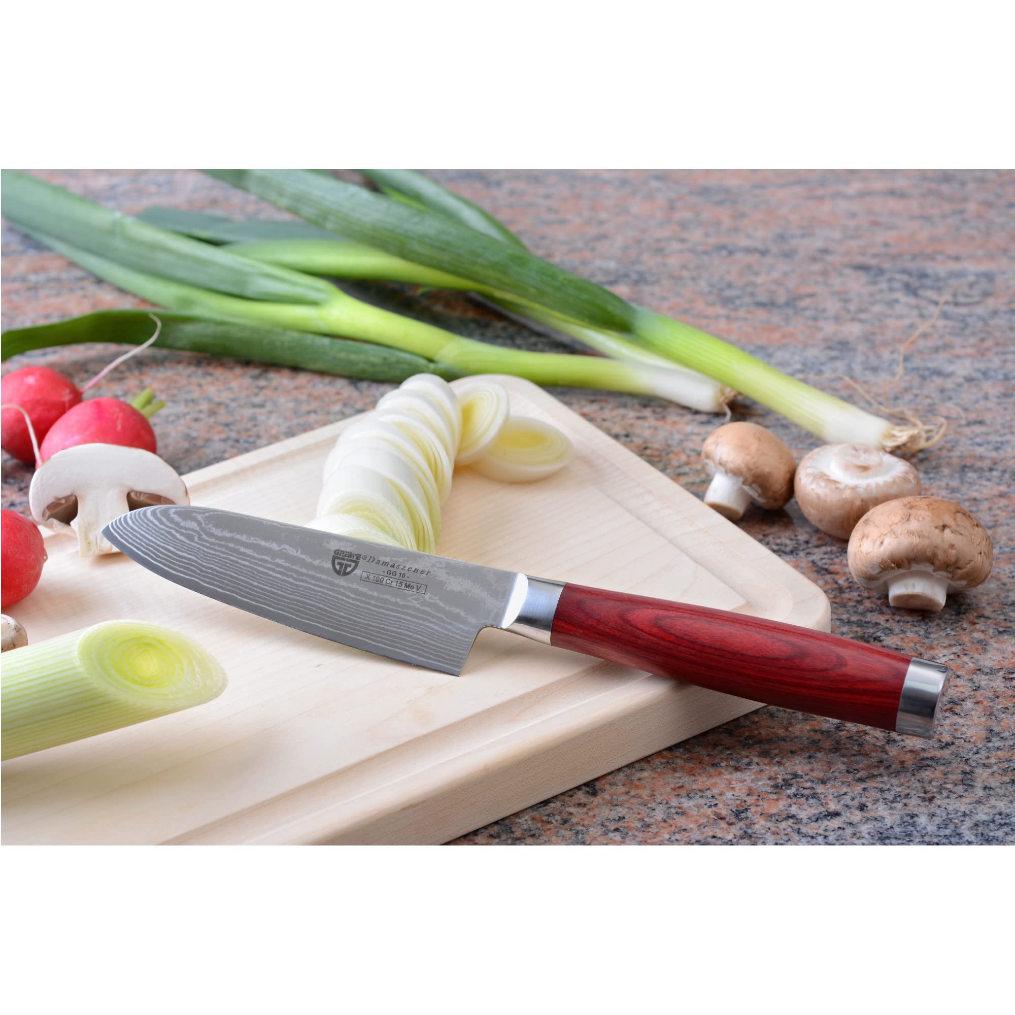 GRÄWE zestaw noży Santoku, 2 sztuki, nóż damasceński z drewnianym uchwytem, ostrze 12 cm i 17 cm w zestawie z osełką 400/1000
