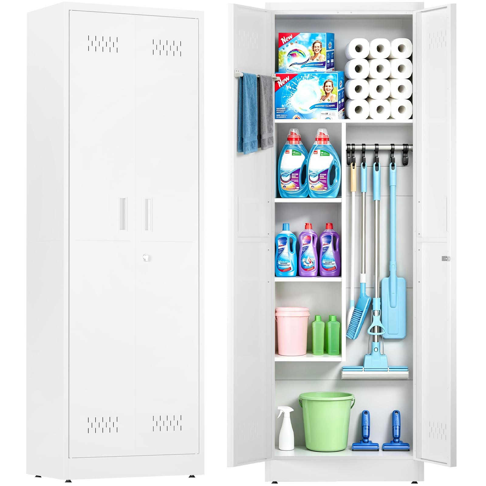 Armoire à Balais en Acier Armoire Extérieure de Rangement Placard à Balai avec Ventilation et Porte Verrouillable, Placard Polyvalent pour Restaurant Cuisine Garage, 35 x 60 x 180 cm Blanc
