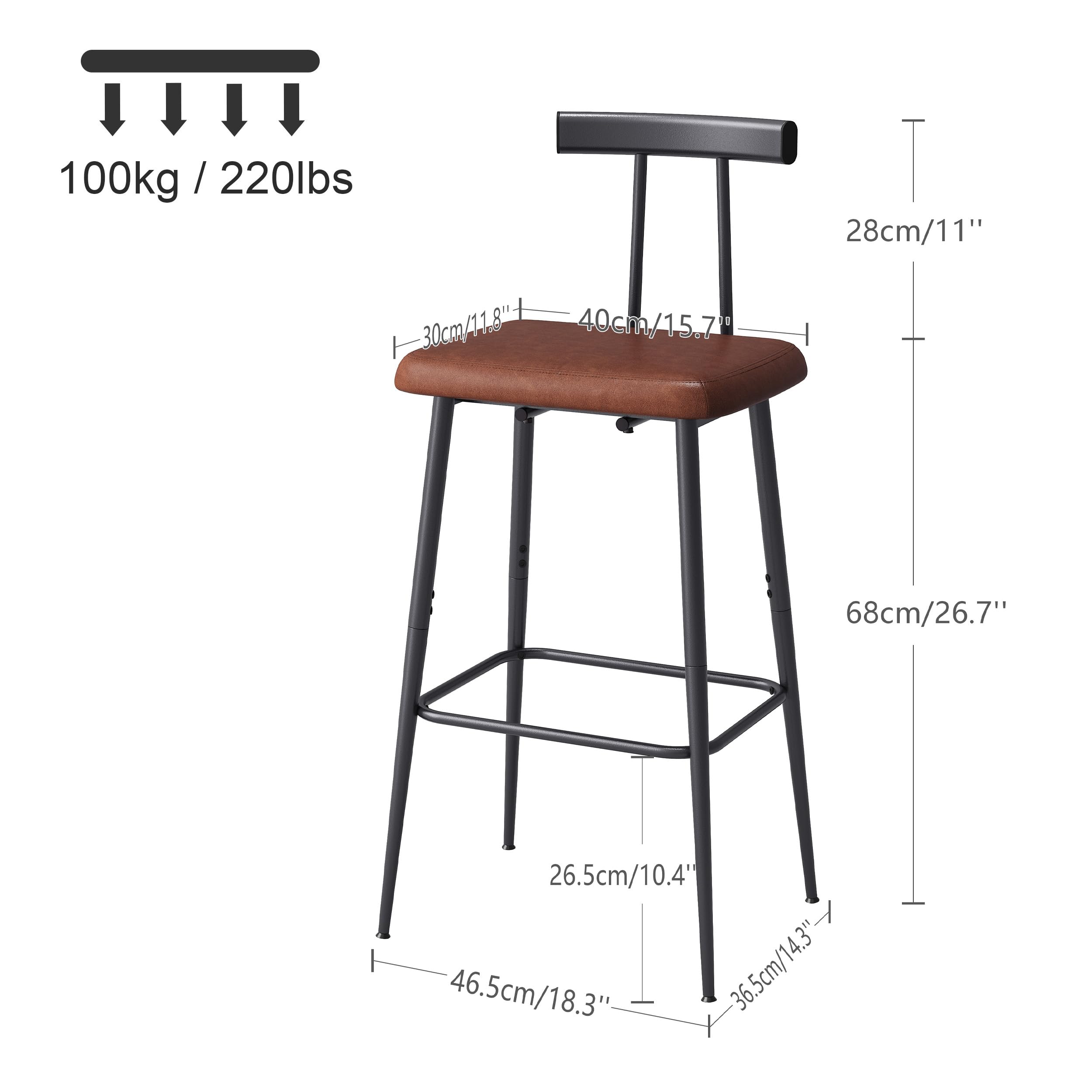Sgabelli Bar Set di 2 Sgabelli Cucina Moderni Design con Poggiapiedi e Schienale Sgabello Alto Struttura in Metallo Imbottiti in PU per Cucina Bar Sala da Pranzo Marrone Rustico KBS515R