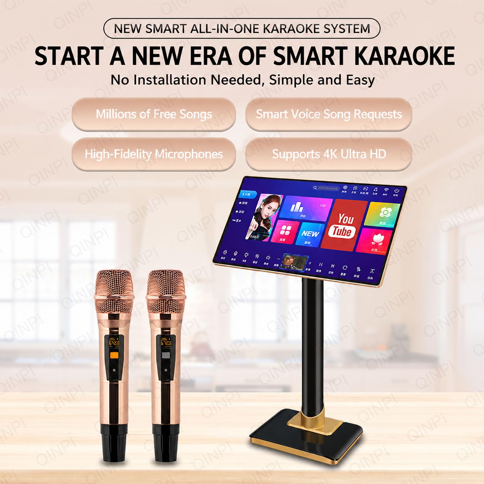 Sistema karaoke da 21,5", touch screen da 3 TB all-in-one, con 2 microfono wireless e schermo di visualizzazione testi, riverbero integrato, con per feste in famiglia, feste all'aperto