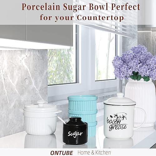 Miniatura 5 de ONTUBE Azucarero de cerámica con tapa y cuchara, tarro de azúcar de porcelana, 8oz (Negro)
