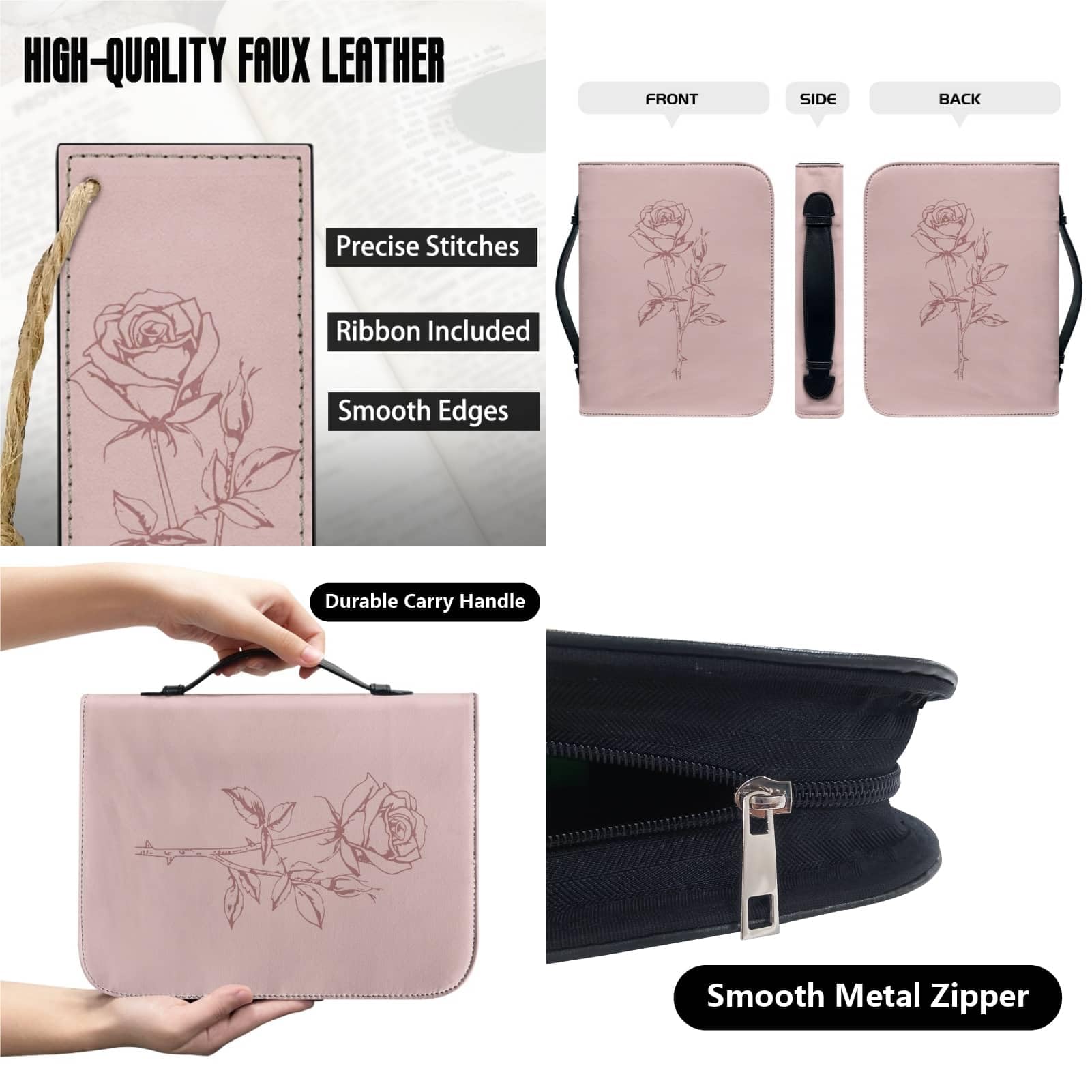 CRASPIRE Pink Roses Leather Bible Cover with Bookmark for Church Bible Case Large Waterproofing Bag Carrying Book Cover Zipper Protective Carrying Case Christian Gifts Women Men Art - Image 4