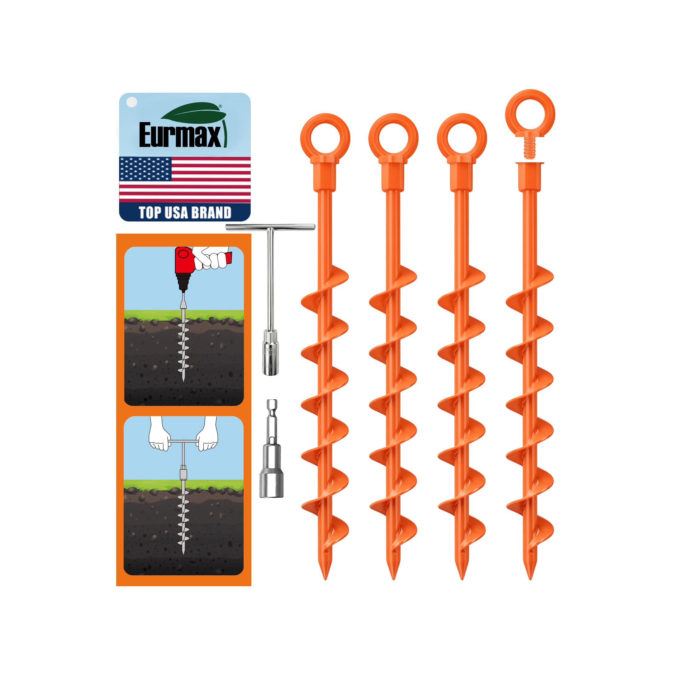 Eurmax USA 4-Pack Screw in Ground Anchors,Detachable Spiral Tent Stakes,Heavy Duty Rust Proof Metal Trampoline Anchors with Drill Bit Adapter&amp;T-Handle Tool for Canopy,Tent,Trampoline,Swing Set(Orange)