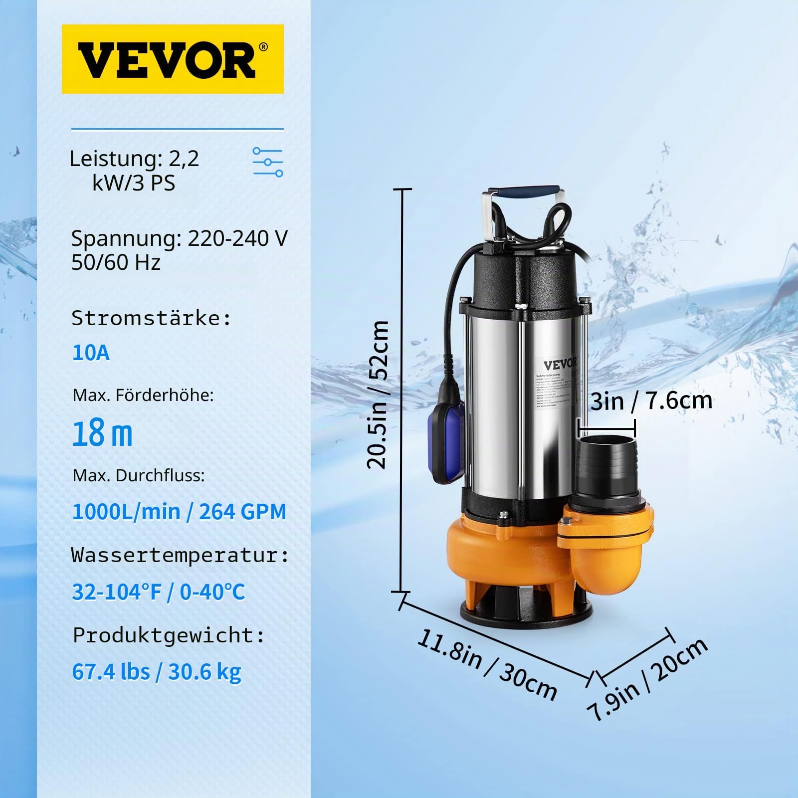 VEVOR Schmutzwasserpumpe mit var. Schwimmerschalter Tauchpumpe 2200W Gartenpumpe Durchfluss 60000L/h Schmutzwassertauchpumpe max. Hub 18m Wasserpumpe IPX8 Ideal zum Pumpen von Wasser