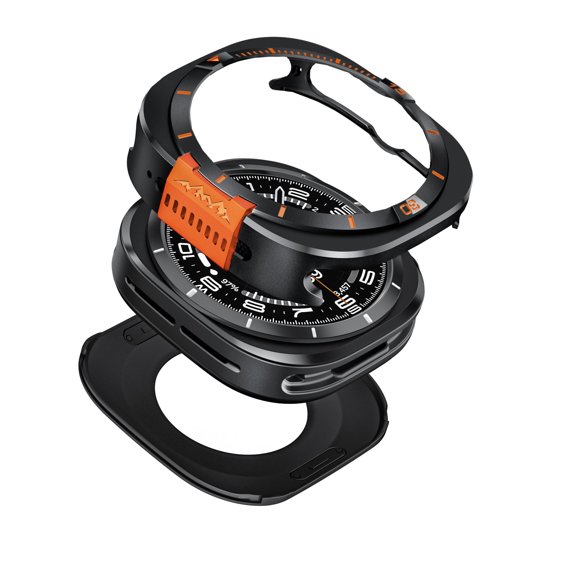 VeveXiao Metalowe wytrzymałe etui 2 w 1, kompatybilne z Samsung Galaxy Watch 7 Ultra, aluminiowe, odporne na wstrząsy, ochronne etui do Galaxy Watch 7 Ultra (2025) 47 mm (czarno-pomarańczowe 2)