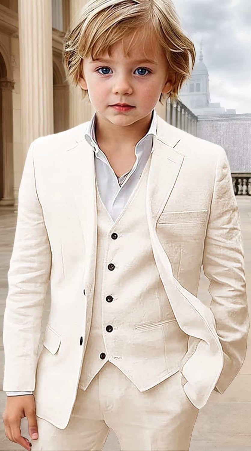Boys Linen Suit 3 Piece Lightweight Suits for Kids Slim Fit Beach Wedding Jacket Vest Pant Set Prom Tuxedo