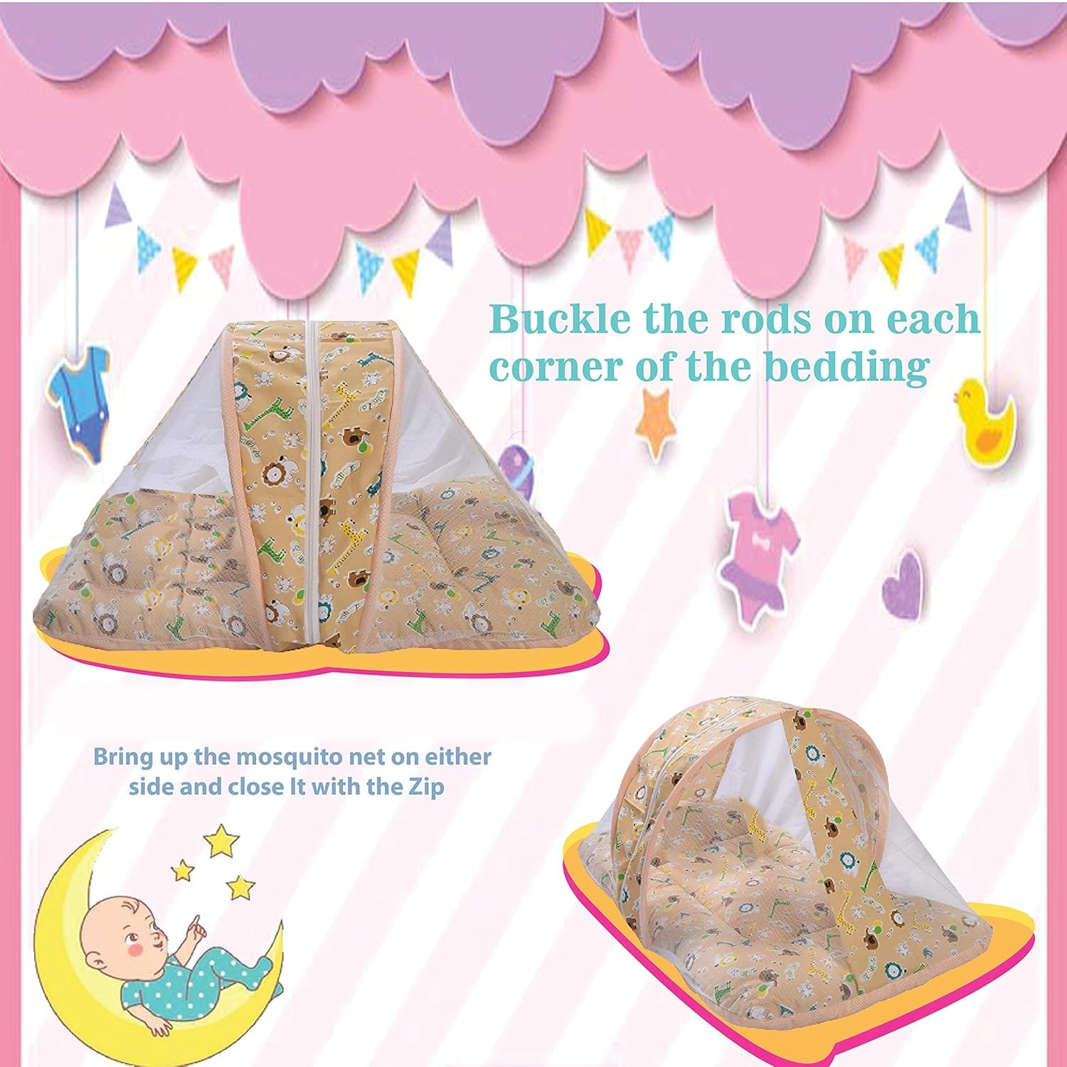 Toddylon Flat Bed Baby Bed New Born Baby Bedding Set | Mattresses | Mosquito Net | Foldable Mattress | Cotton | Unisex Infants (0-6 Month) - Image 2 thumbnail