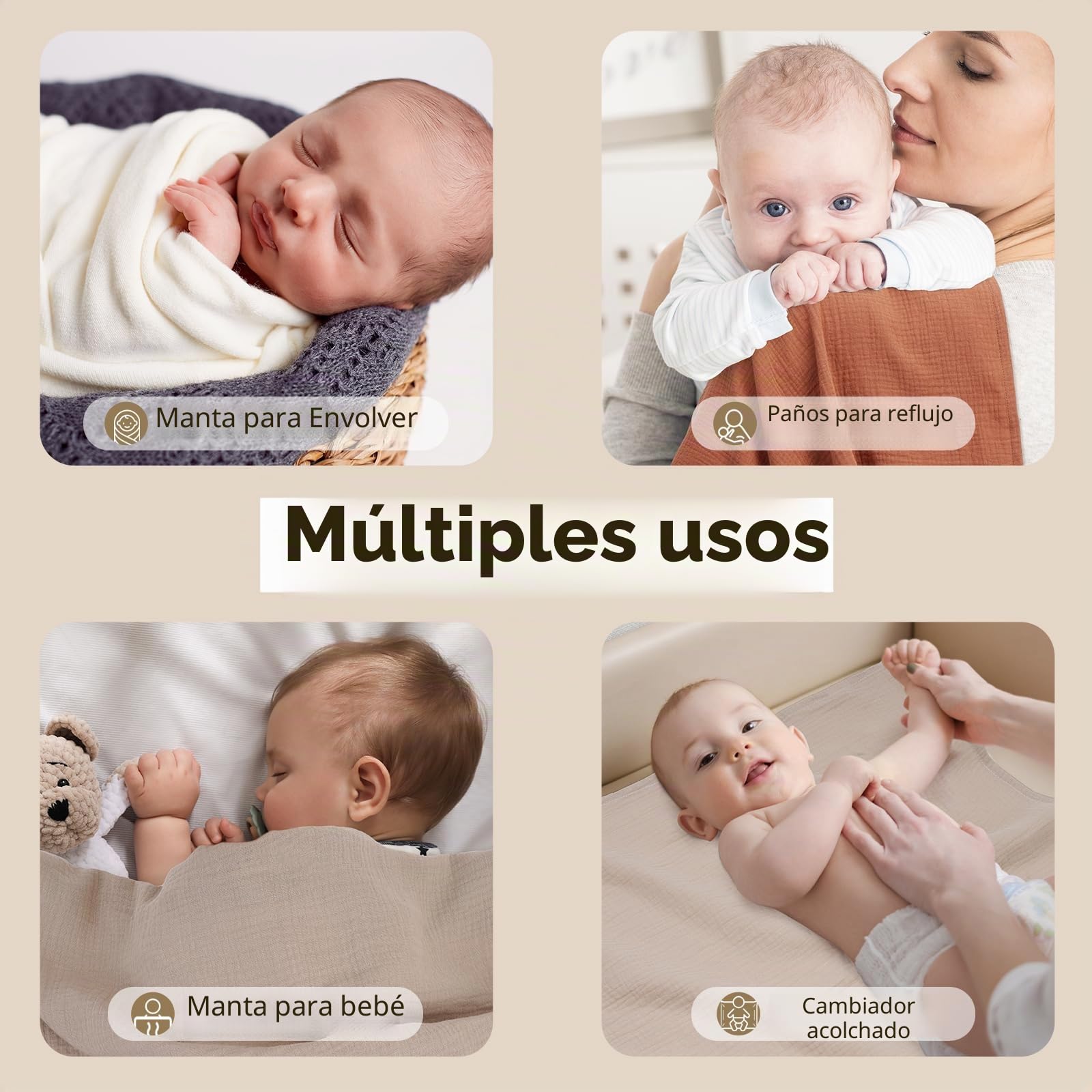 Muselinas Bebé Paño 60x60 cm, 100% Algodón Super Absorbentes Suave y Transpirable Gasas para Bebes Toallas Bebe de Muselinas para Recien Nacido Niñas Niños, 4 Piezas, Marrón