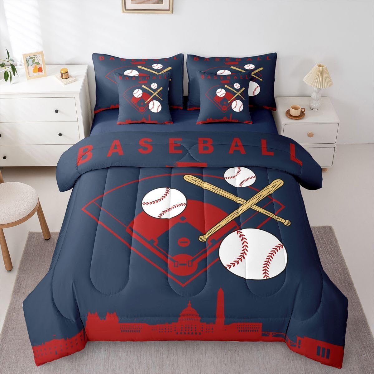 Erosebridal Kids Baseball Comforter Set with Sheets Queen Size Navy Blue 7 Piece Bedding Set Softball City Bed in A Bag for Boys Teens Adult Bedroom Ball Sports Games Bed Sets