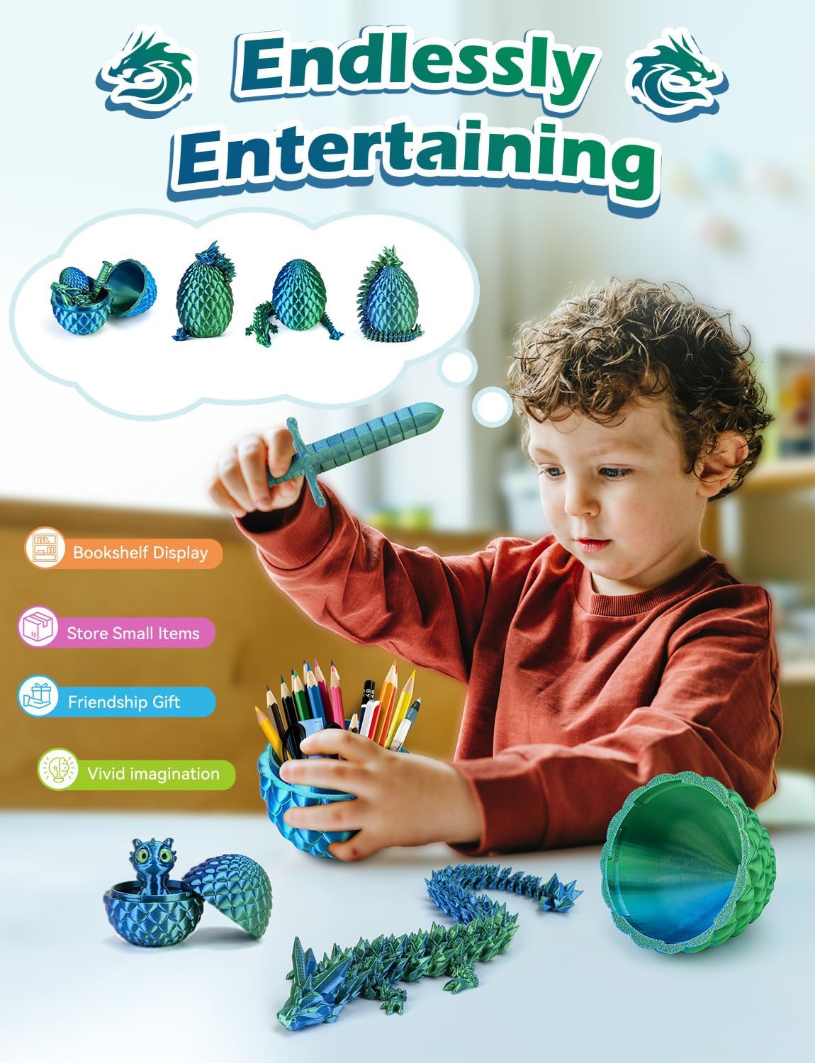 12" 3D Printed Dragon Egg, Surprise Fidget Eggs with Articulated Printer Crystal Dragon, Mystery Cute Animals Dragons Kids Toy, Prefilled Easter Eggs Basket Stuffers Toys for Boys Girls - Image 4