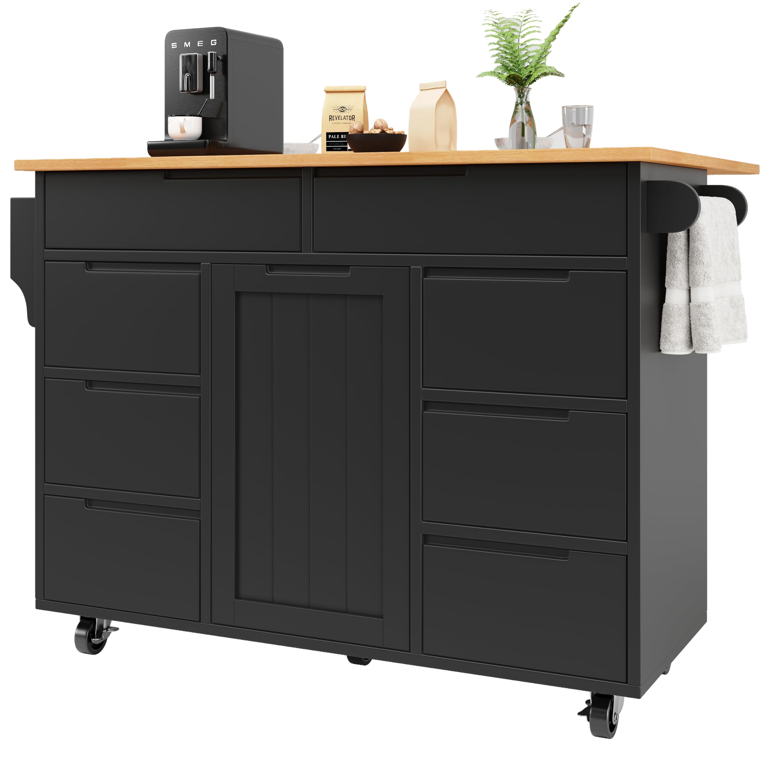 Isola da Cucina, Moderno Armadio da Cucina, Carrello da Cucina Estensibile con Ruote e Piano di Lavoro, Carrello da Servizio con Portaspezie e 8 Cassetti