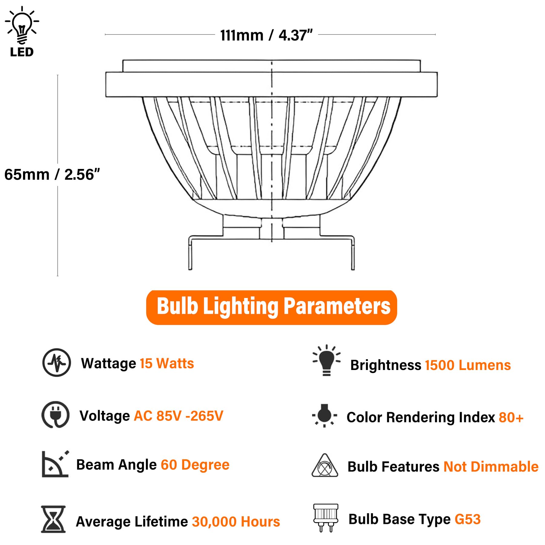 AR111 G53 Bombilla reflectora LED 15 vatios COB 1500 lúmenes (equivalente a 120 W ES111) Foco de ángulo de haz de 60° CA 85 V -265 V no regulable (paquete de 6)