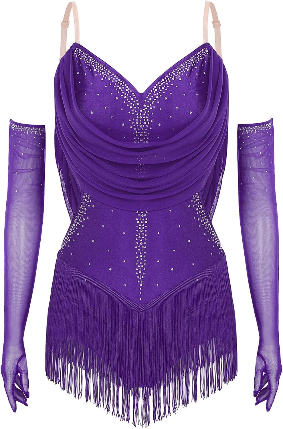 Womens Tassel Latin Dance Leotard Ruched Drapes Fringed Latindance Bodysuit Figure Skating Costumes