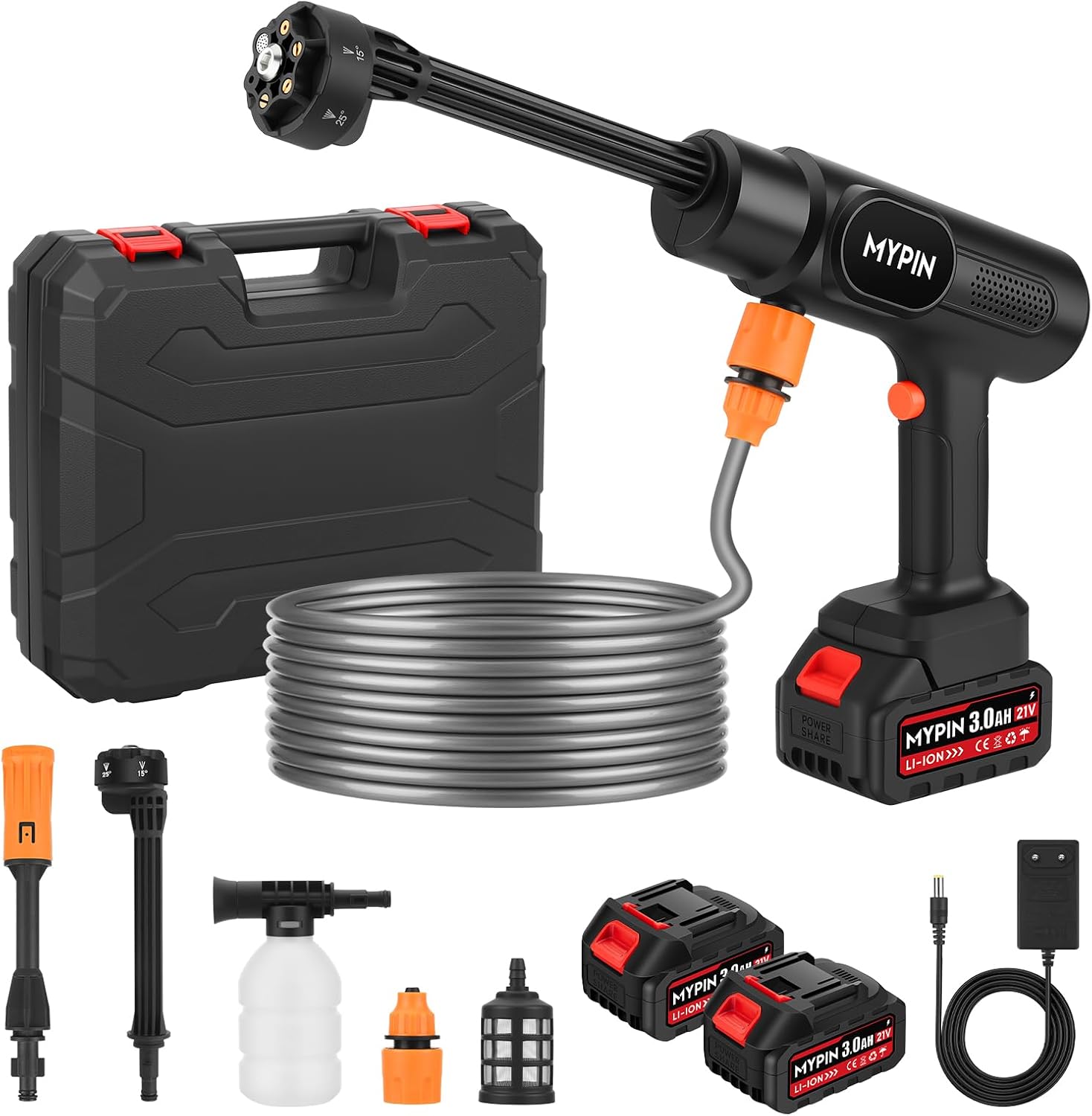 MYPIN Hidrolimpiadora de Alta Presión a Batería, 2 Baterías Recargables, 600 PSI 21V, Boquilla 6 en 1 Multiusos