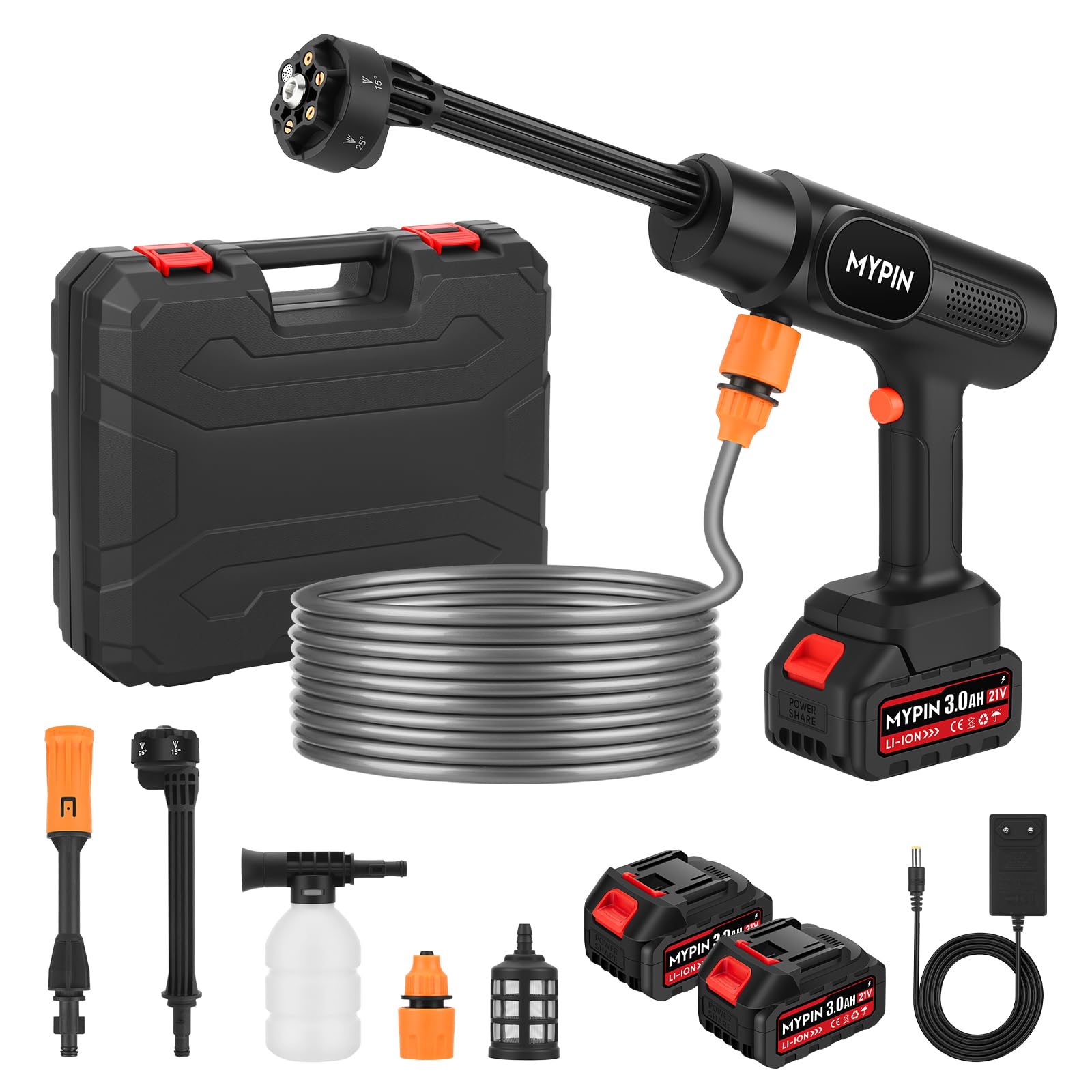 Hidrolimpiadora, Lavadora de presión inalámbrica, 2 Baterias, 600 PSI 21V, 6 en 1 Boquilla Multiusos y 180° Boquilla Giratoria, Hidrolimpiadora a Batería para Coche, Terraza, Jardín