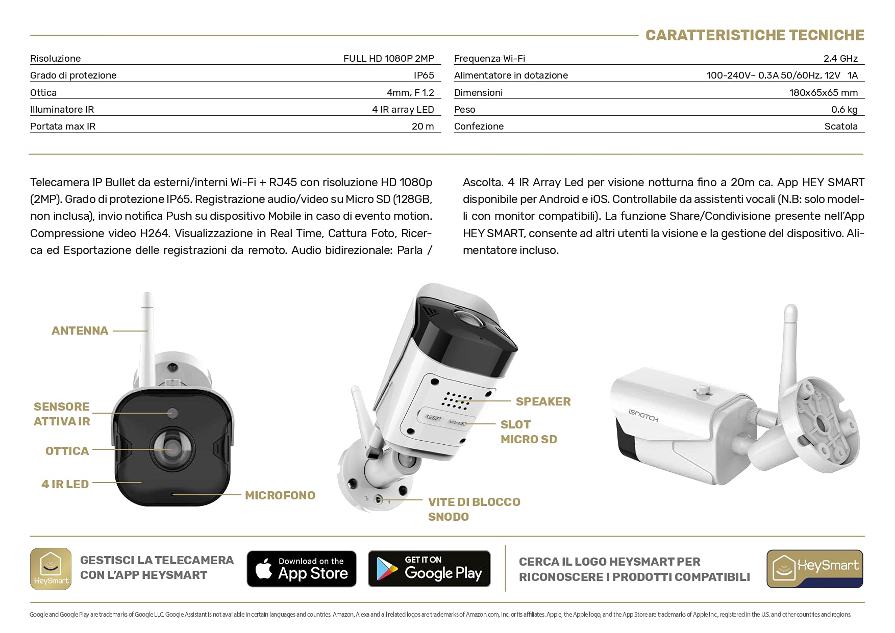 HeyCam Bull - Telecamera IP Wi-Fi da Esterni/Interni 1080p, Risoluzione HD 2MP, Protezione IP65, Visione Notturna, Audio Bidirezionale, Compatibile con Alexa e Google Assistant