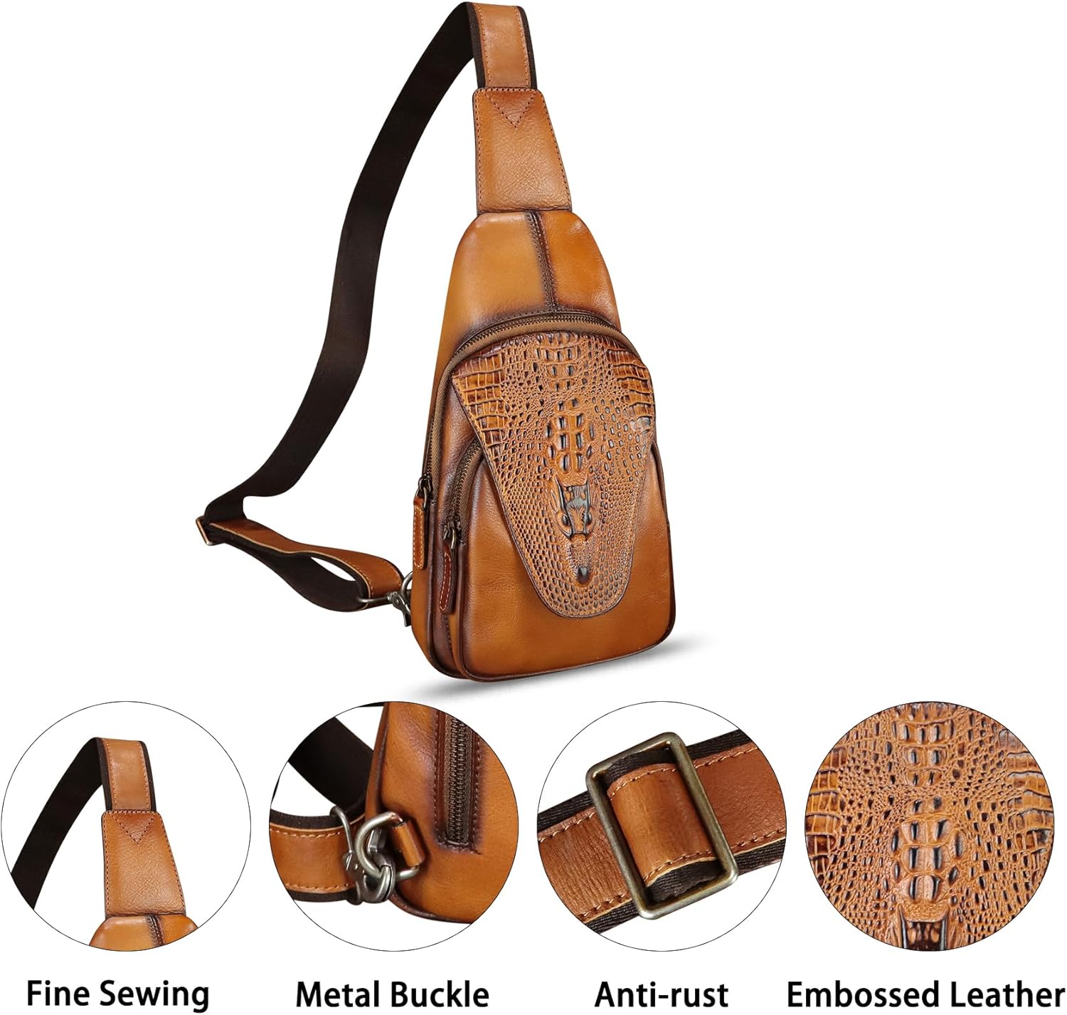 Genuine Leather Sling Bag Embossed Crocodile Pattern Leather Crossbody Sling Backpack Handmade Chest Purse Daypack (Brown) - Image 2