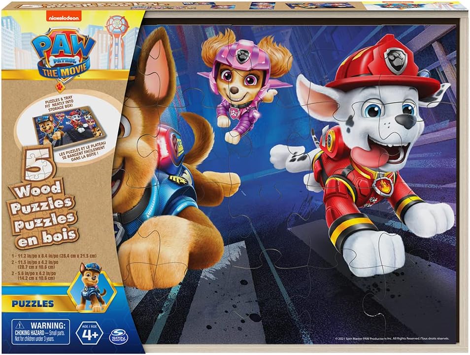 Paw Patrol The Movie - Set of 5 Wood Puzzles with Storage Box for Kids - Ages 4 and Up