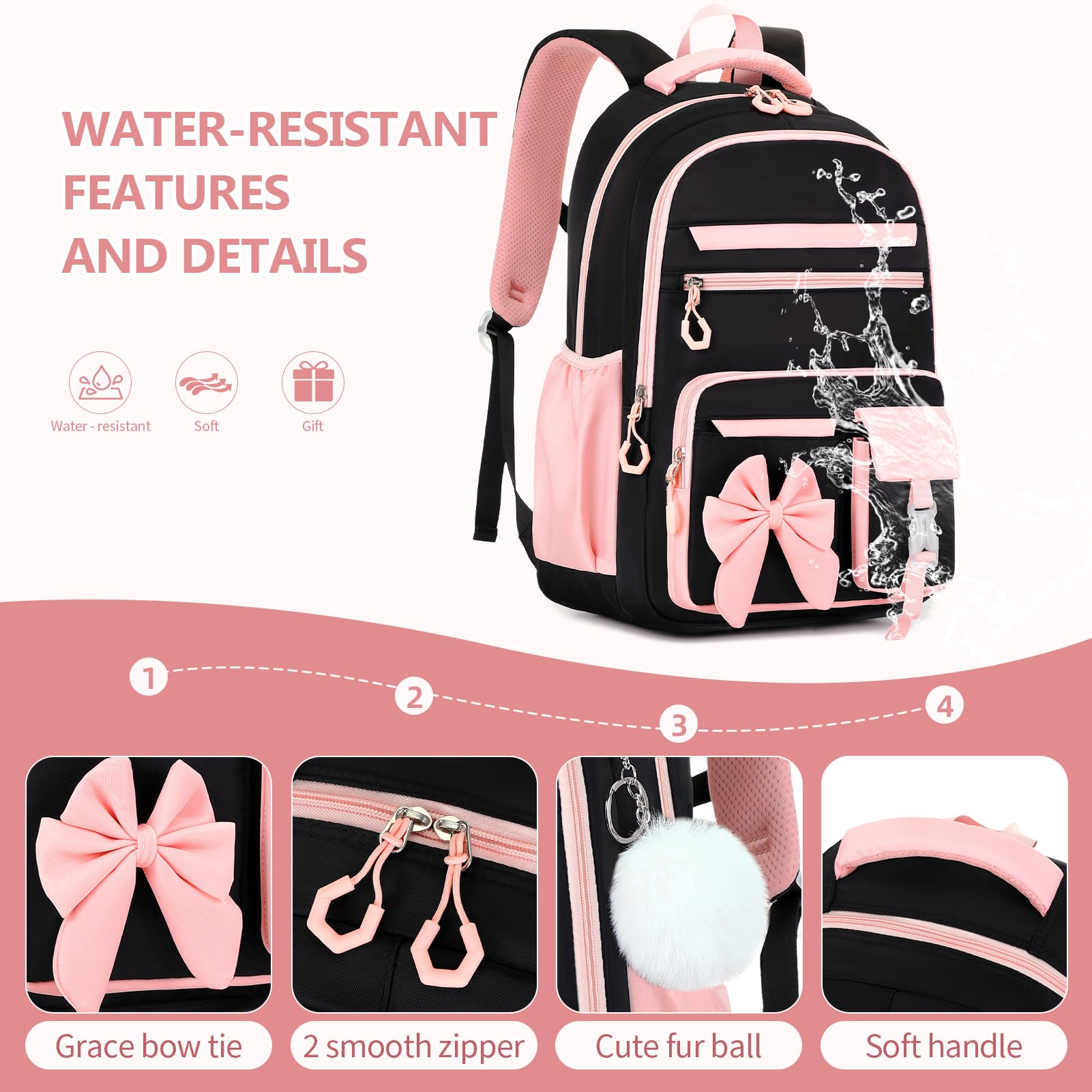 Zaino Scuola Elementare Bambina Leggero 2 Pezzi con Astuccio, NeroRosa