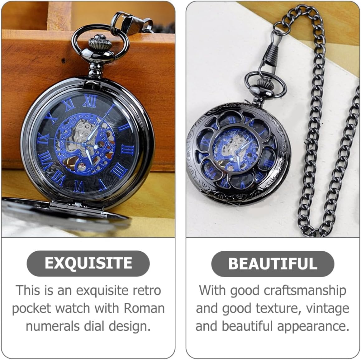 Uonlytech Vintage Mechanical Skeleton Pocket Watch with Roman Numerals Dial, Black Alloy Chain Pocket Watch for Men Retro Hollow Design