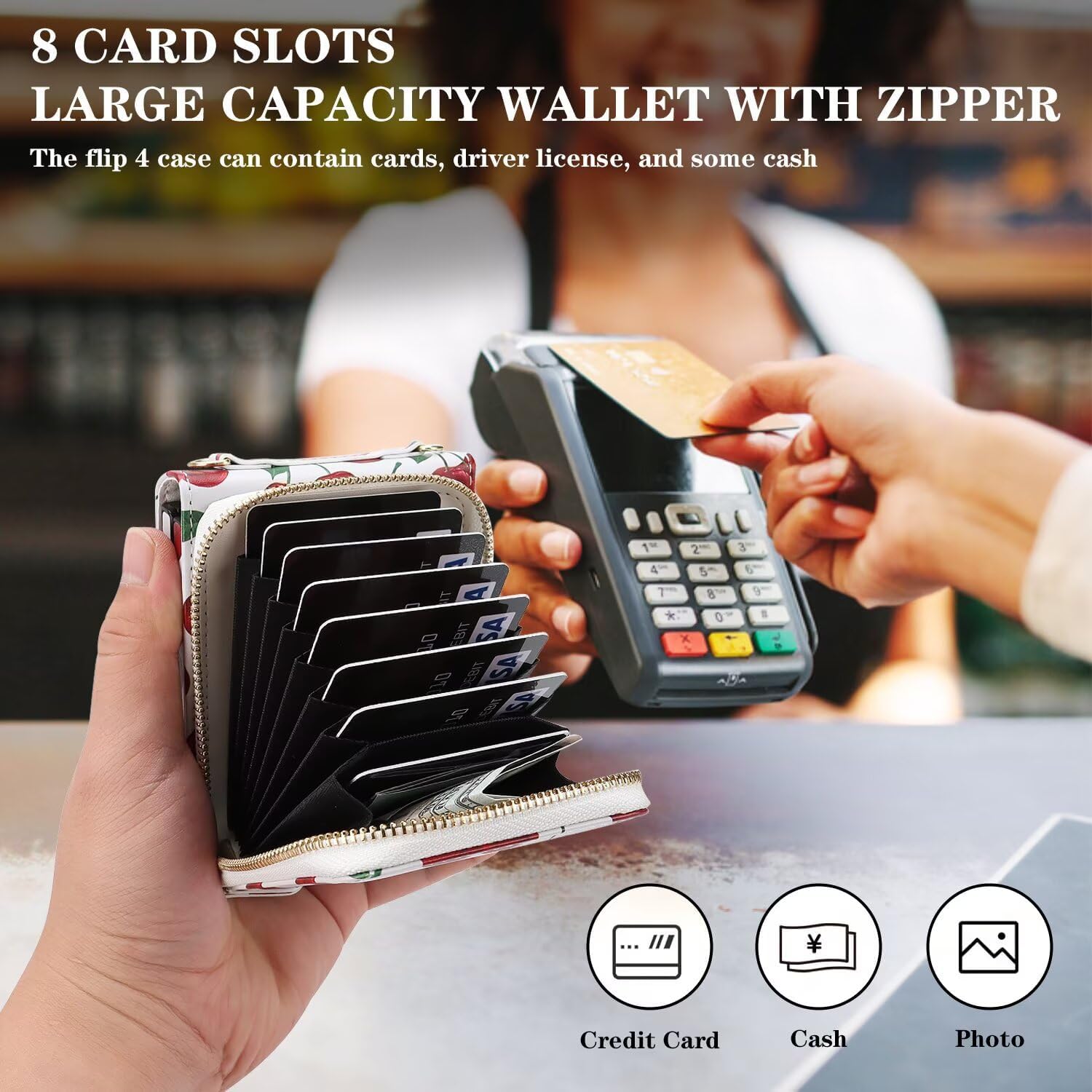 Phone Case for Samsung Galaxy Z Flip 7 Wallet Phone Cover, Zipper 8 Card Slots with Adjustable Crossbody Strap, PU Leather Fashion Card Holder Flower Pattern Cover for Women White Cherry