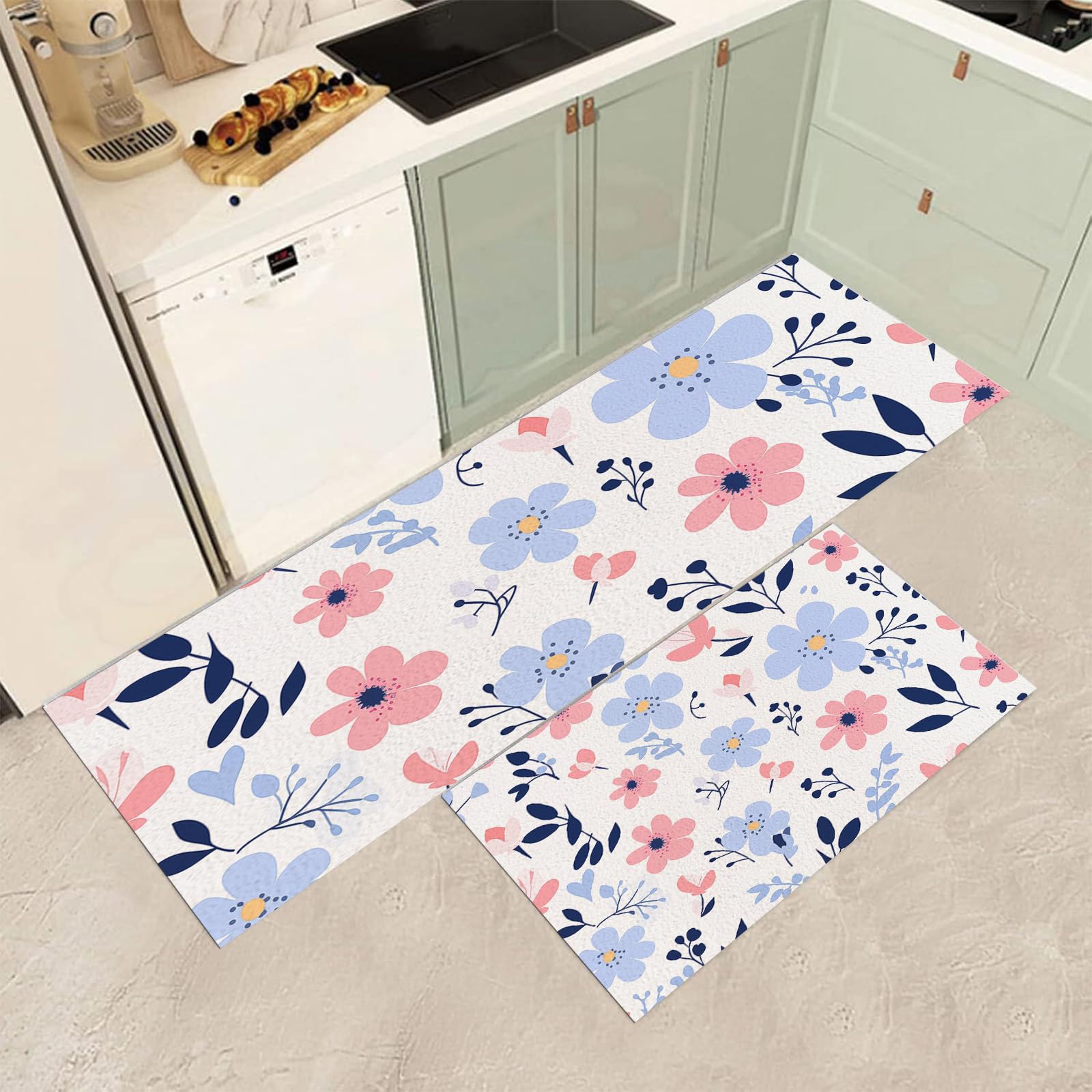 Tapis de cuisine anti-fatigue et lavable | Duo antidérapant à fleurs élégantes pour votre confort