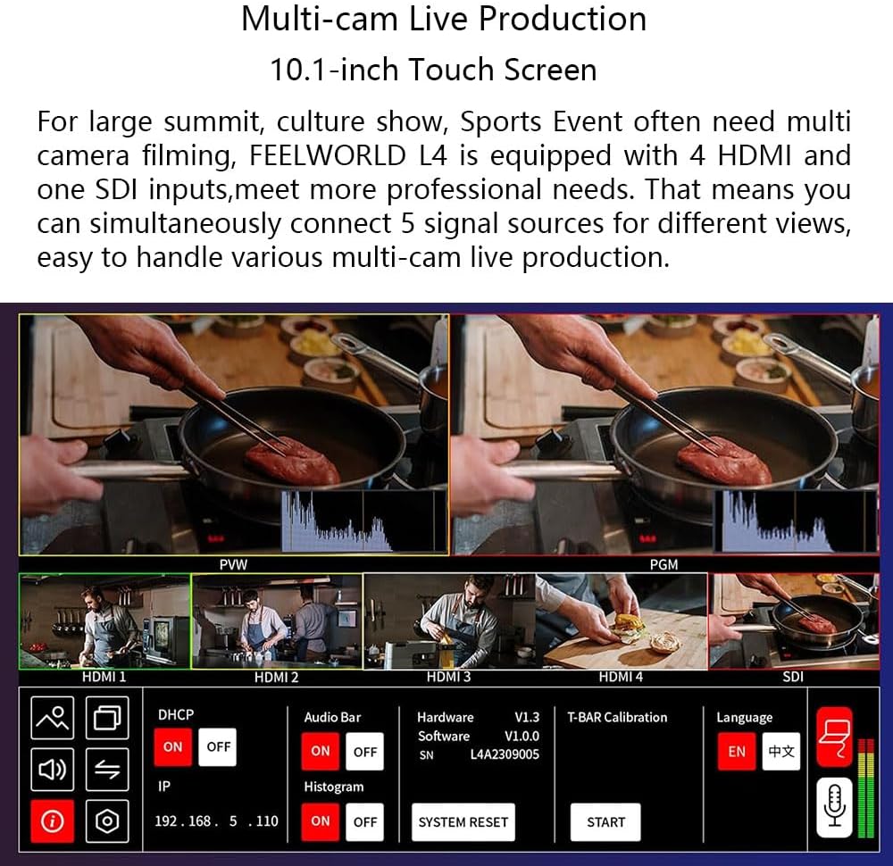 FEELWORLD L4 Multi-camera 5 chanel HD Video Mixer Switcher 10.1 inch Touch Screen 4 HDMI one SDI Input USB3.0 Output Fast Streaming in Diverse Way