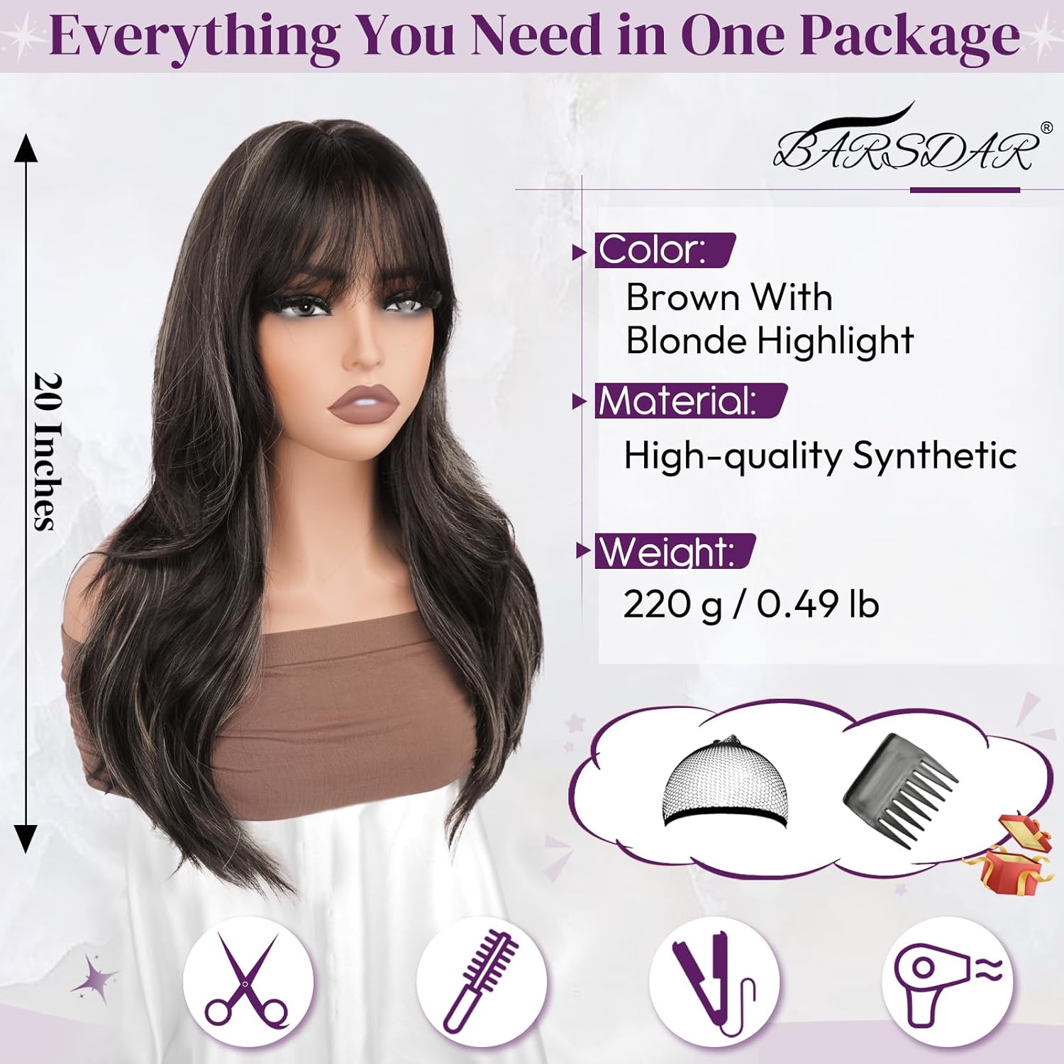 BARSDAR Brown Blonde Highlight Layered Wig with Bangs - 20 Inch Layered Wig with Bangs for Women, Natural Looking Soft Wavy Synthetic Highlight Wigs Straight Layers Haircut Fringe Daily Party