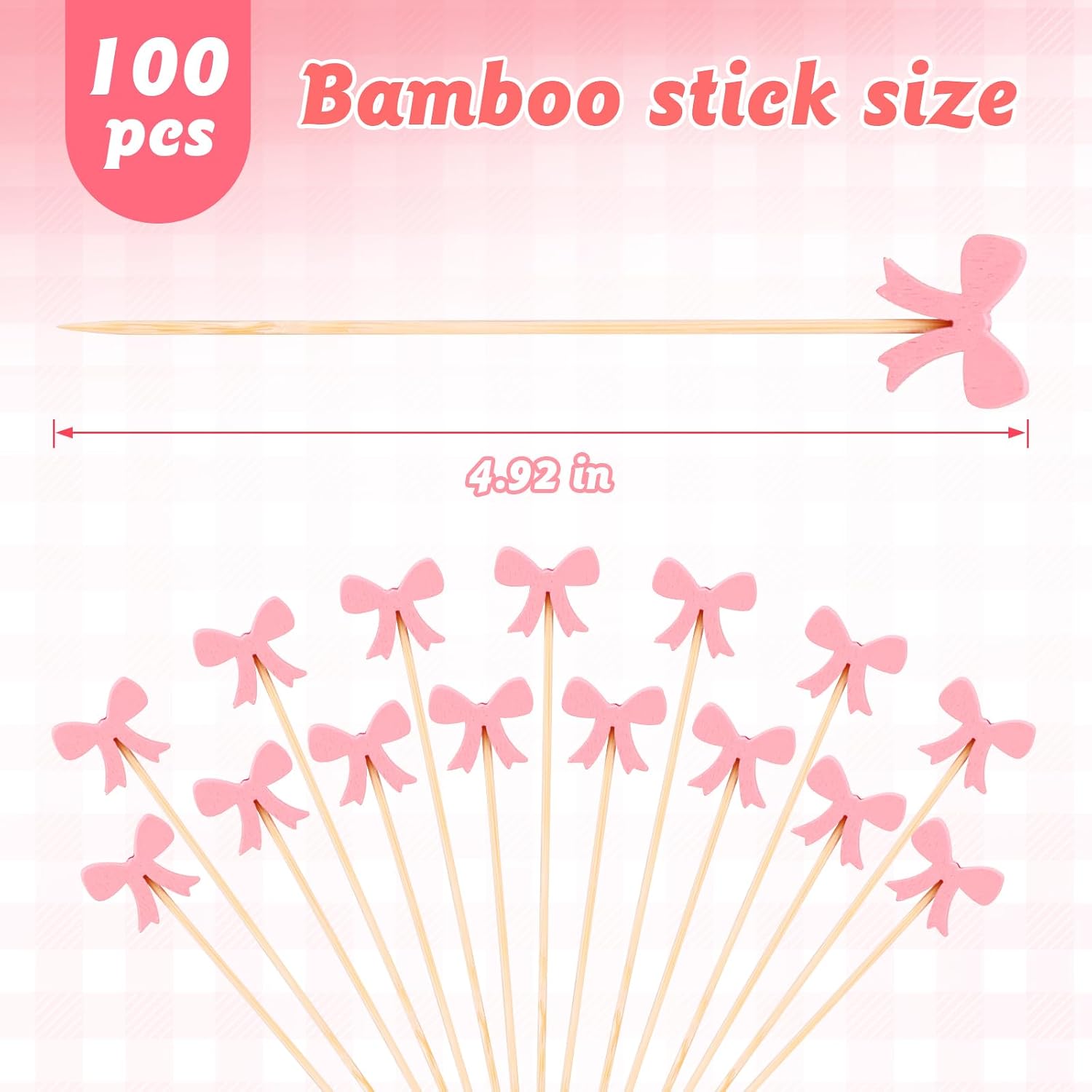 DI QIU REN 100 Pcs Pink Bow Cocktail Picks Swizzle Stick Toothpicks 4.72 Inch Long Bamboo Toothpicks for Cocktail Appetizers Fruits Dessert Birthday Bridal Wedding Baby Shower Bow Party Decoration