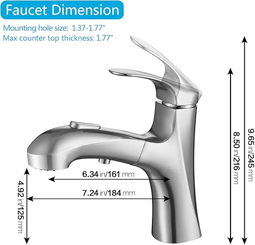 Miniatura 6 de MIAOHUI Grifo de baño extraíble de níquel cepillado, grifo de fregadero de baño de un solo orificio con 3 modos de rociador, grifo de tocador