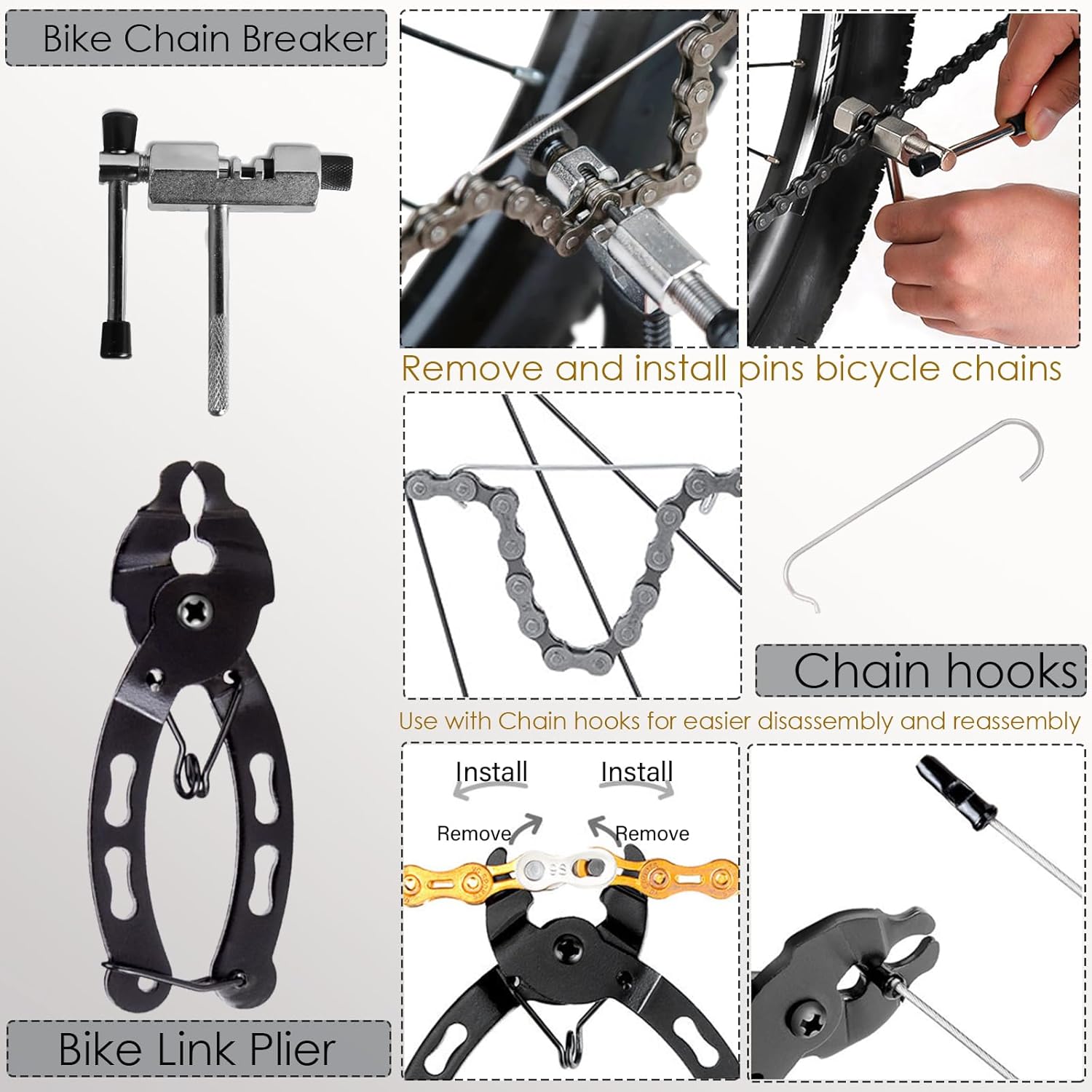 Bike Tool Kit,8 Professional Bicycle Repair Tools for Mountain Bike with 3-in-1 Cassette Remover Wrench Crank Puller Extractor Bottom Bracket Freewheel Remover Link Pliers Chain Breaker (8Pcs-Black)