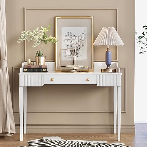 Miniatura 3 de ukorua Escritorio moderno blanco con cajonesescritorio de madera claraescritorio de computadora de madera macizaescritorio de oficina en casa para