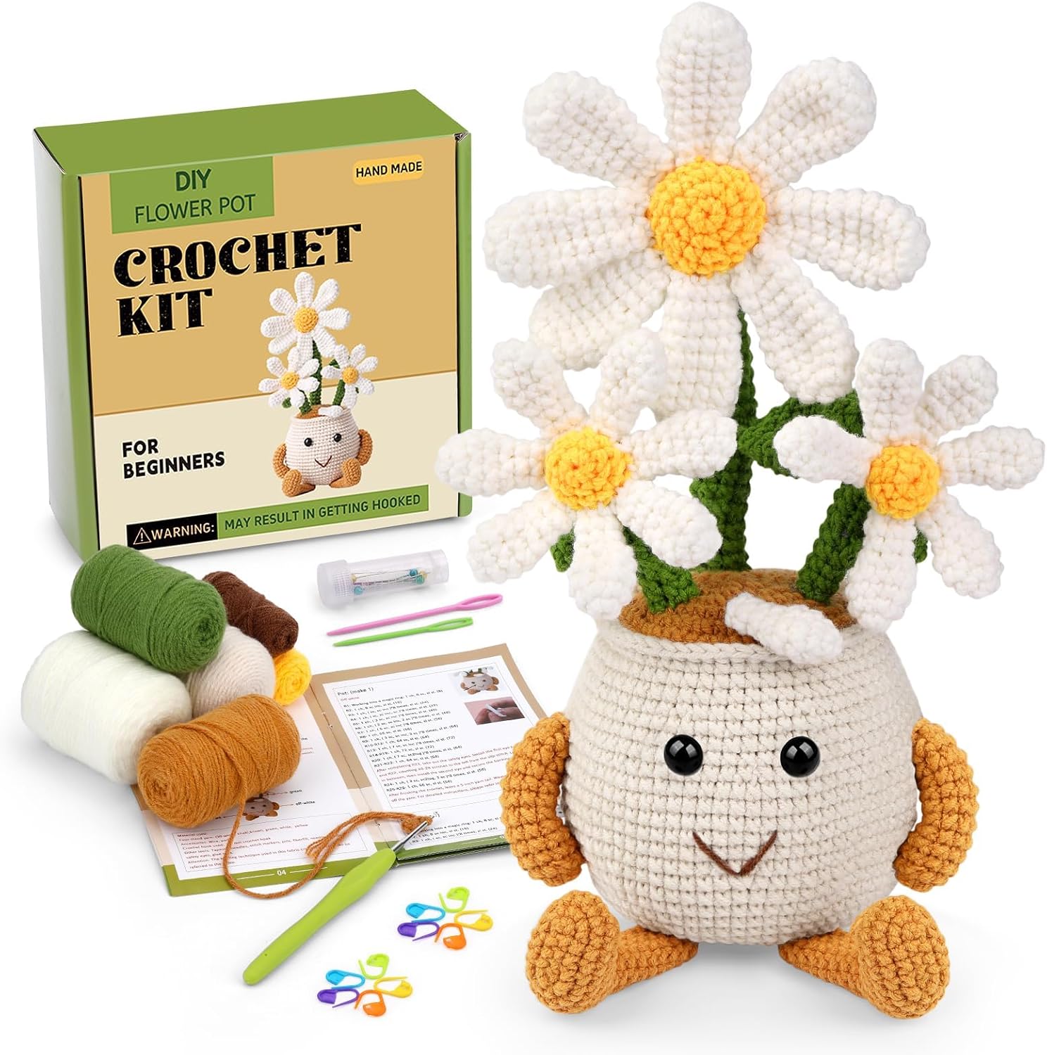 Nitlak Crochet Kit for Beginners, Daisy Potted Beginner Crochet Kit for Adults, Crochet Starters Kit with Step-by-Step Video Tutorials, Complete Crochet Accessories for Mother's Day DIY Craft
