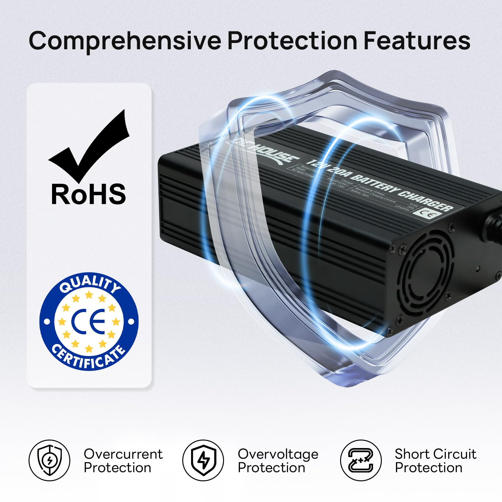 DCHOUSE Caricabatterie al litio da 12 V 20 A, connettore rapido e indicatore LED | Caricabatterie LiFePO4 da 14,6 V, ricarica rapida intelligente da 300 W per batterie solari e domestiche