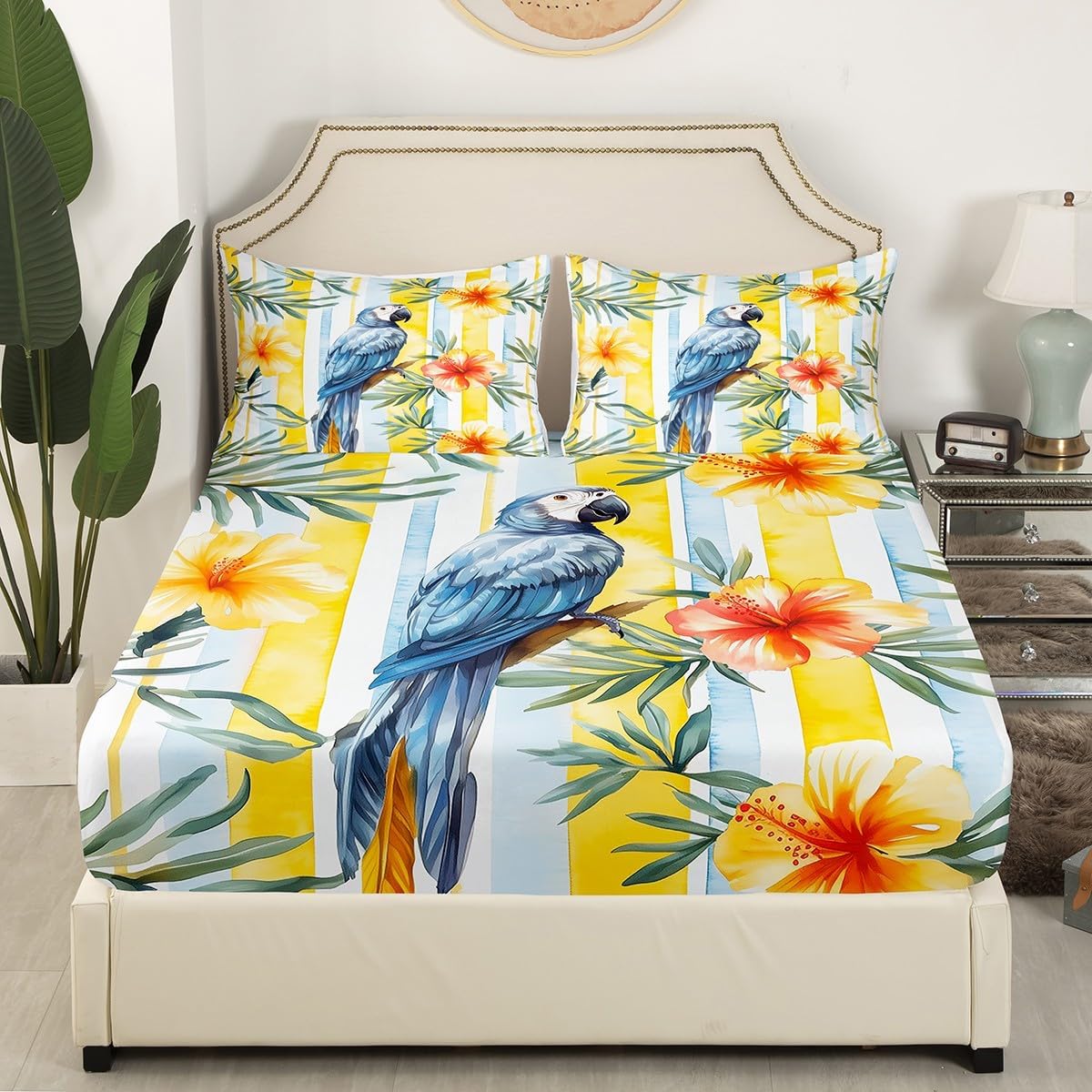 Blue Parrot Fitted Sheet Full Size Tropical Flowers Botanical Bedding Set 3Pcs(No Flat Sheet) Jungle Animal Birds Bed Sheet for Boys Girls Teens Room Decor Geometric Stripes Deep Pocket Sheet