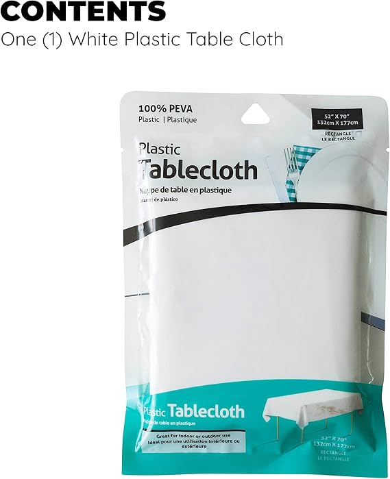 Jacent White Rectangular Table Cloth, 100% Peva Plastic Tablecloth: Rectangular, 52 x 70 Inch: 1 Pack