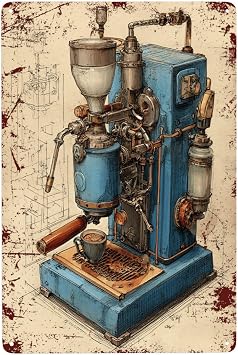 Metal Tin Signs Wall Art Decor,Vintage Mechanical Coffee Machine & Cup Technical Sketch Artwork, Delightful Wall Decor for Kitchen Nook, Home, for Boost Retro Industrial Vibe,5.5x8inch