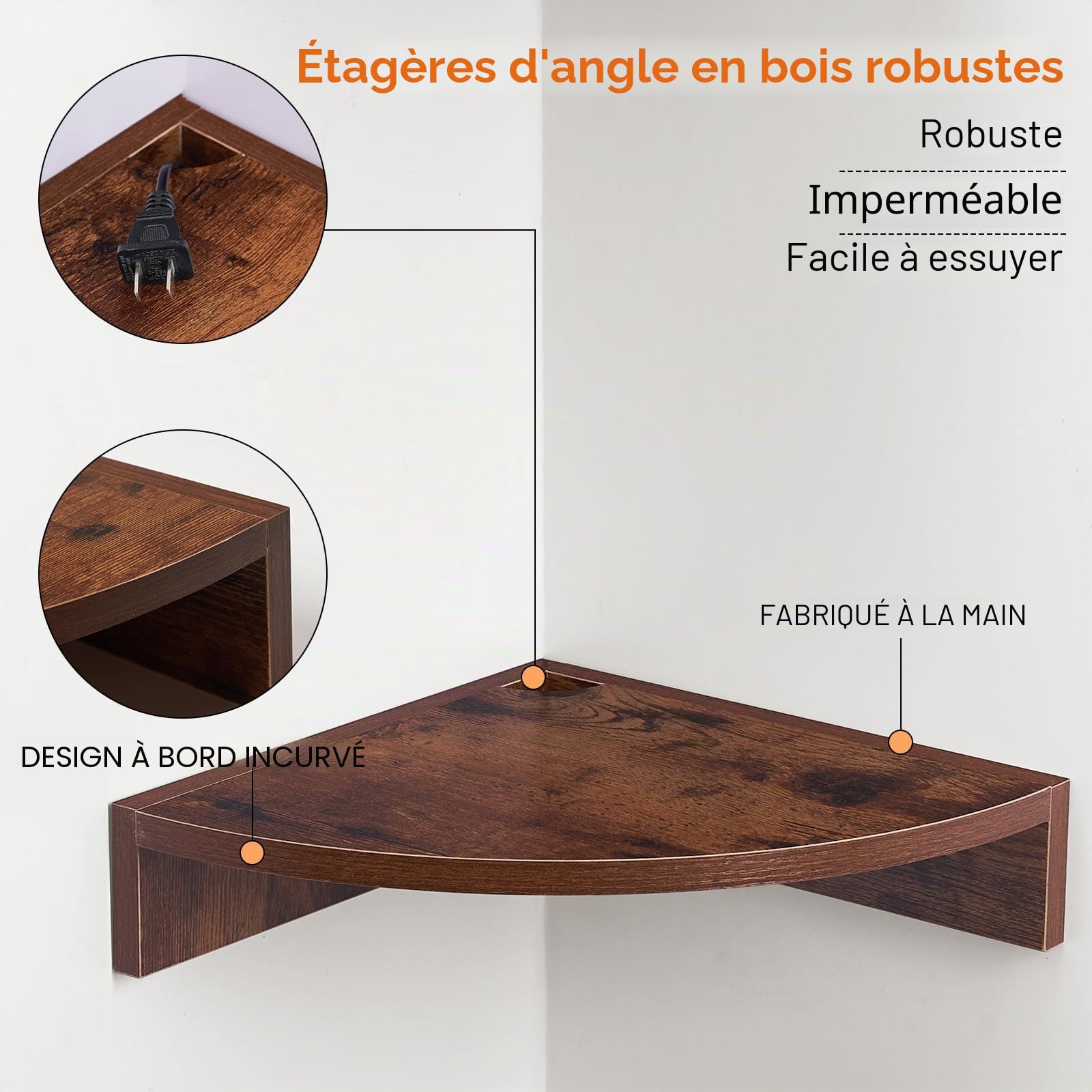 Lot de 3 étagères d'angle suspendues en bois rustique flottant avec trou pour fil de fer - Style vintage maison de campagne - Pour chambre à coucher, salon - Marron
