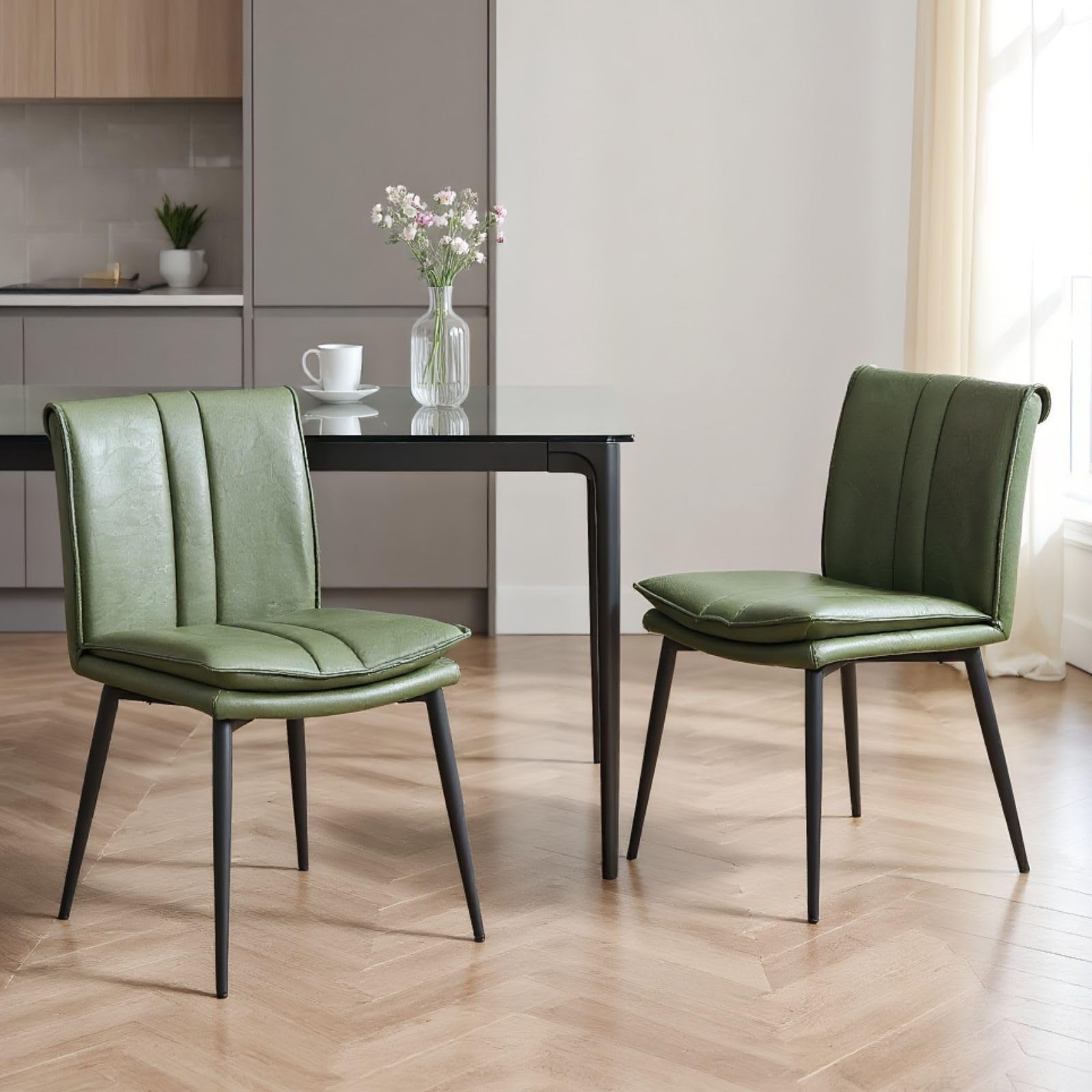chairus Retro Dining Chairs Set of 2 in PU Leather with Double-layer Cushion Kitchen Chairs with Sturdy Metal Legs for Dining Room, Living Room or Bedroom, Green