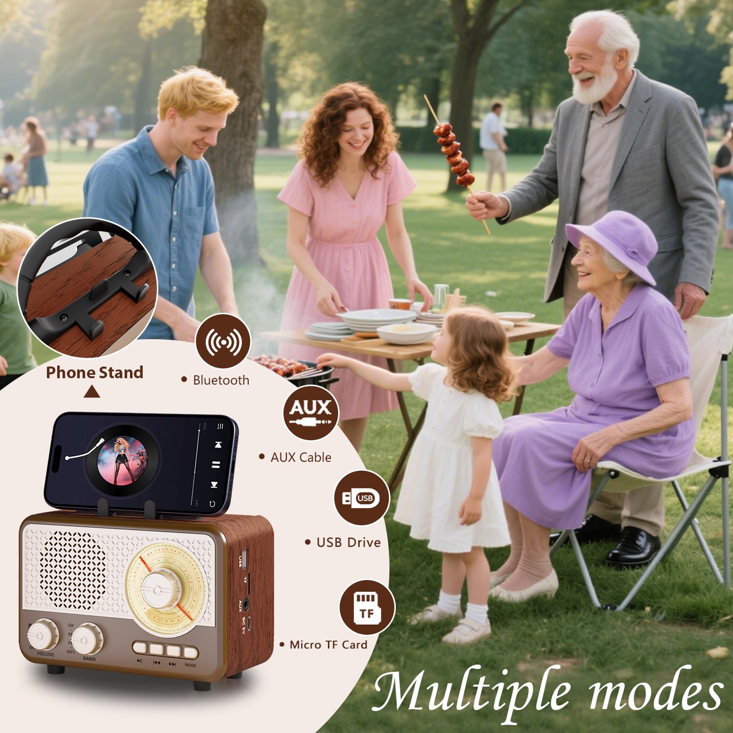 Radio Tragbar AM/FM/SW Outdoor Solar Retro Radio mit Bluetooth Lautsprecher Klein mit Stromkabel,Küchenradio Büro Handyständer Unterstützt USB/TF/AUX Funktion für Wandern Camping Geschenke für Männer