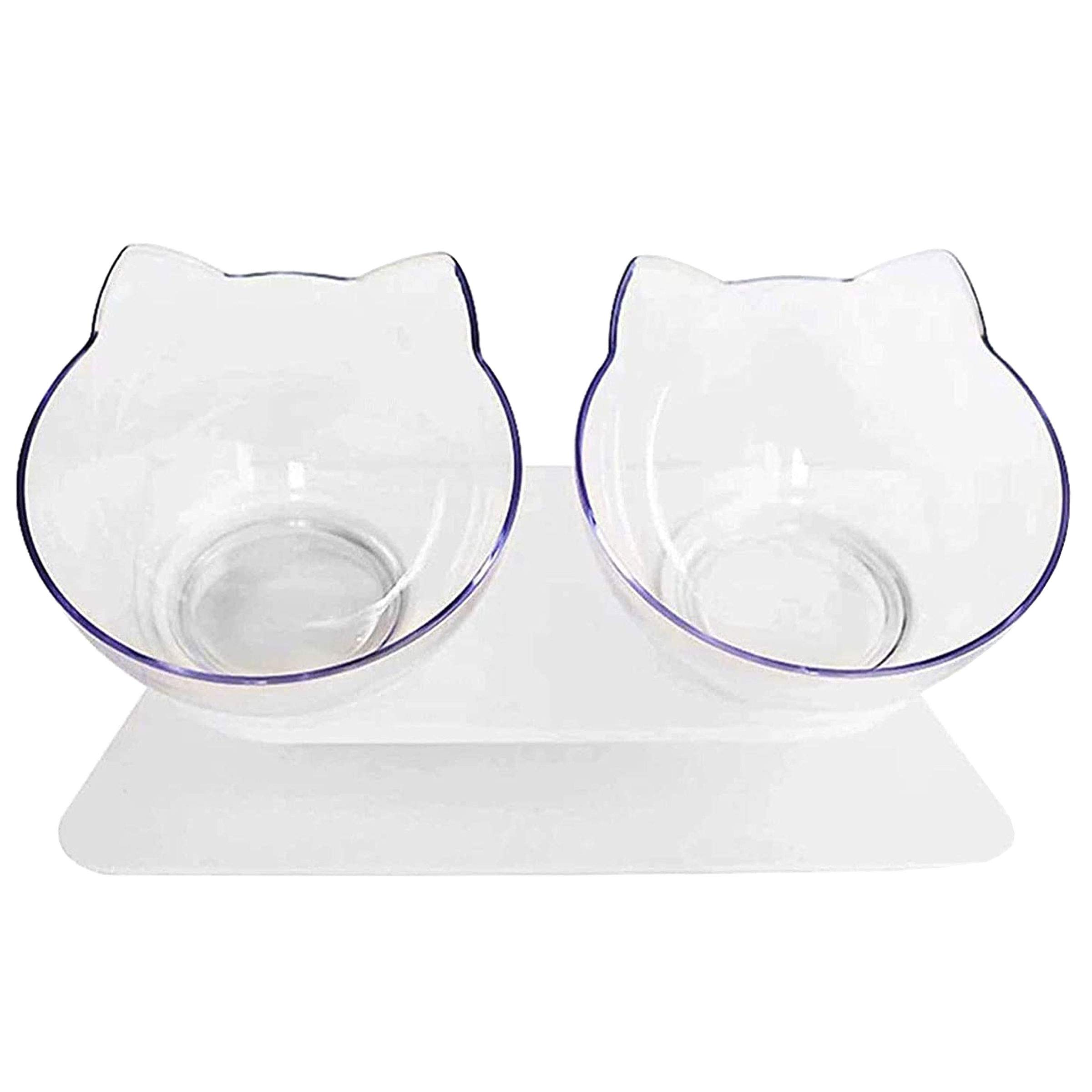 PrettyuiDouble Cat Bowl with Raised Stand, Cat Bowl Pet Food Feeder,15° Tilted Anti-Slip Transparent Cat Food and Water Bowl, Protect Pets Cervical Vertebra, Detachable Pet Bowl for Cats and Dogs